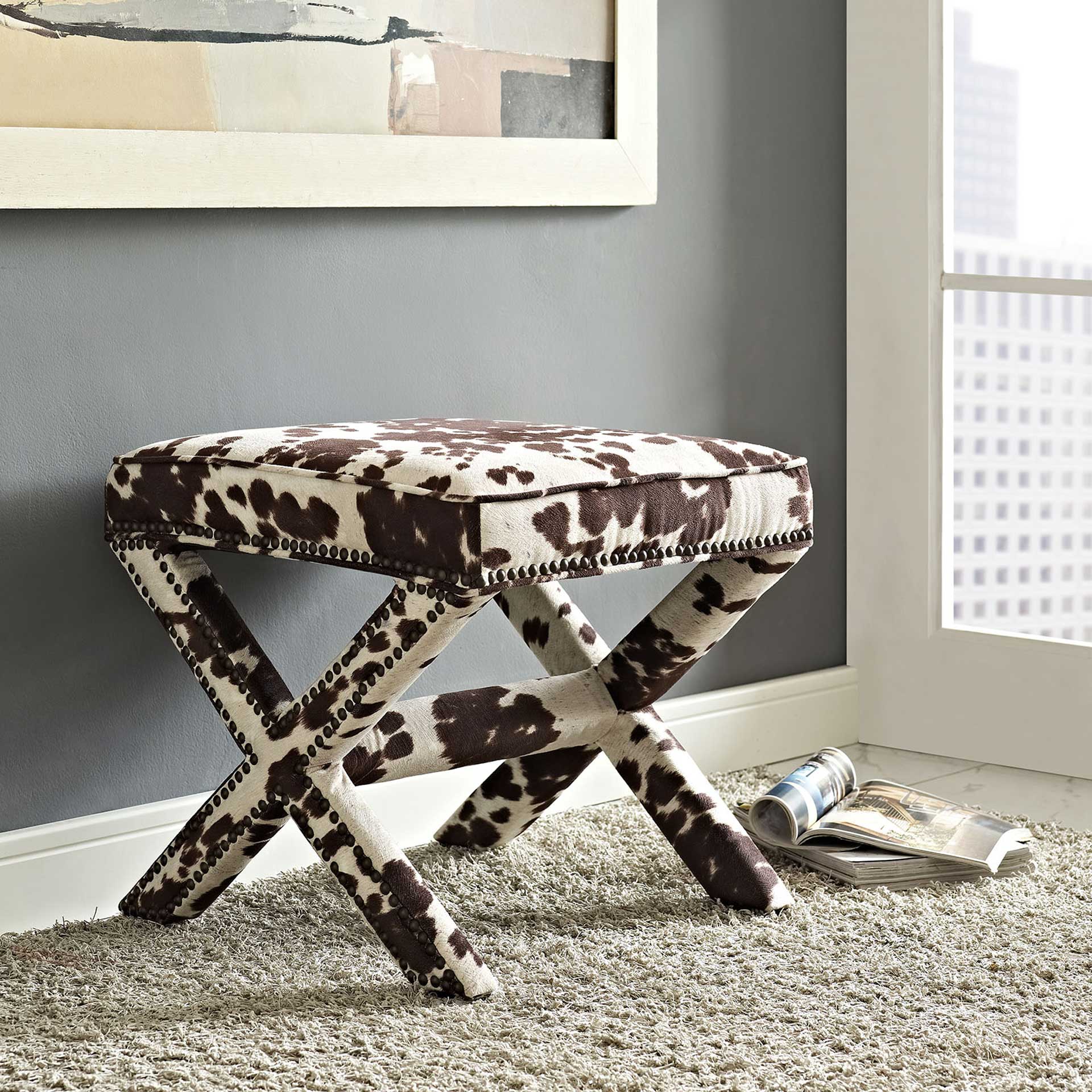 Roger Upholstered Fabric Bench Cowhide - Image 4
