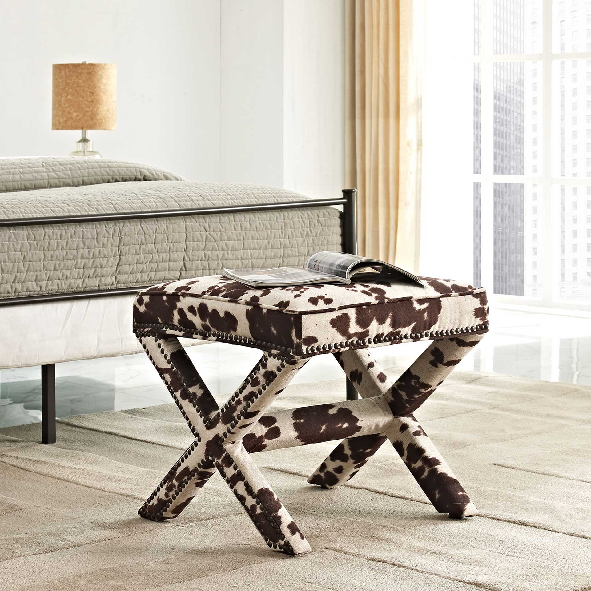 Roger Upholstered Fabric Bench Cowhide - Image 5