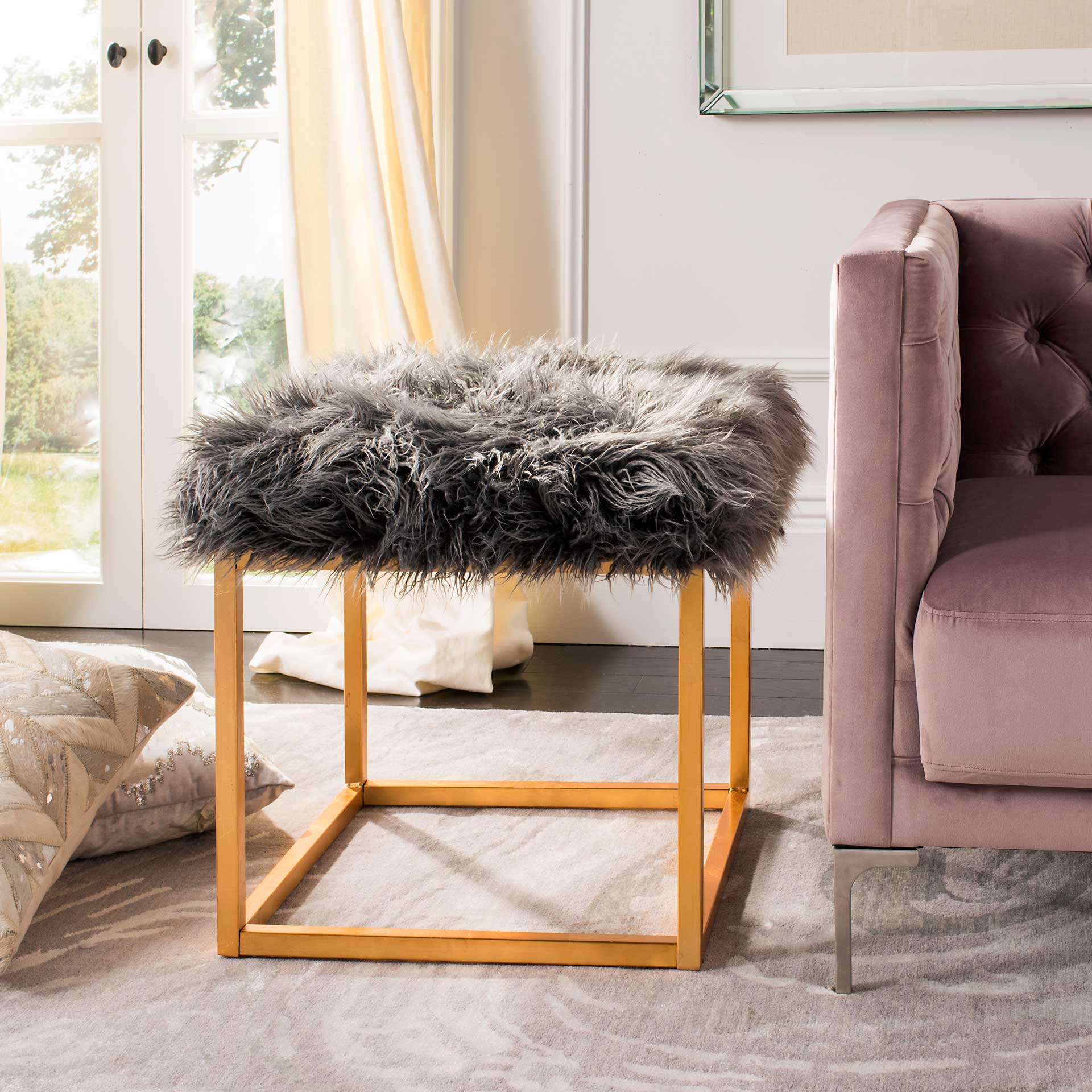 Ronnie Faux Sheepkin Square Ottoman Gray - Image 5