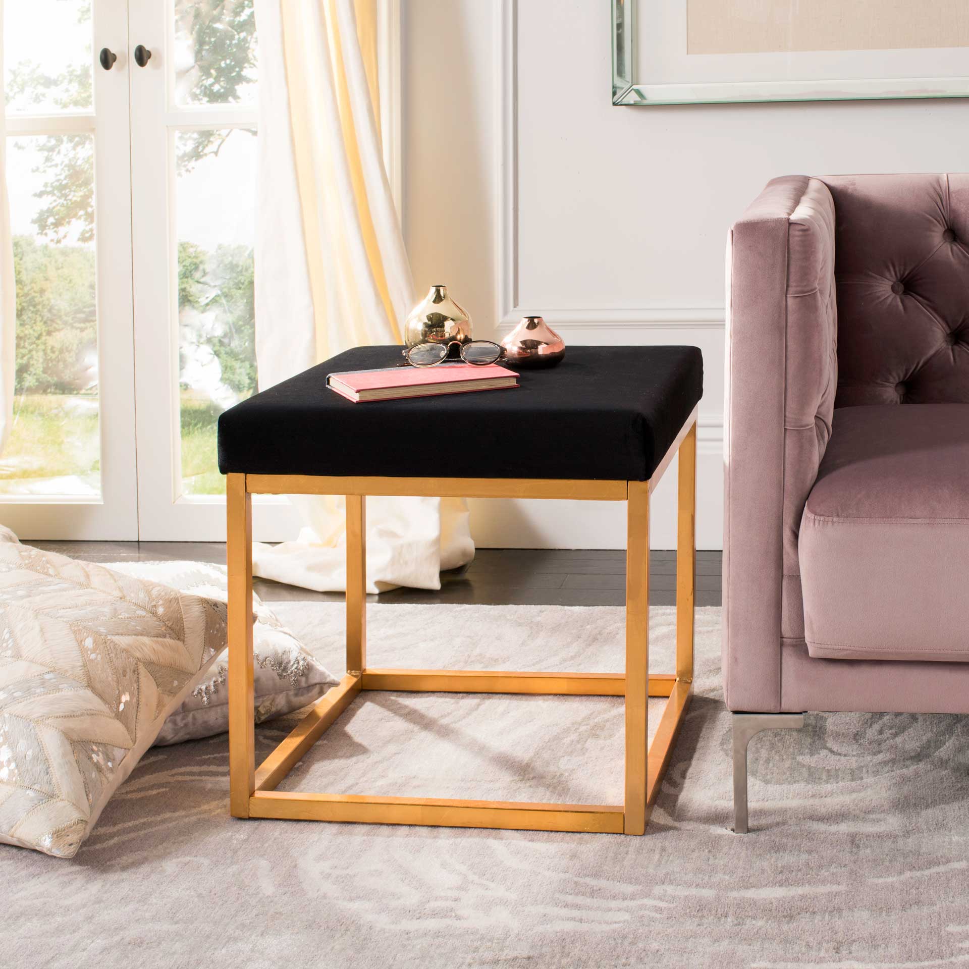 Ronnie Velvet Square Ottoman Black - Image 5