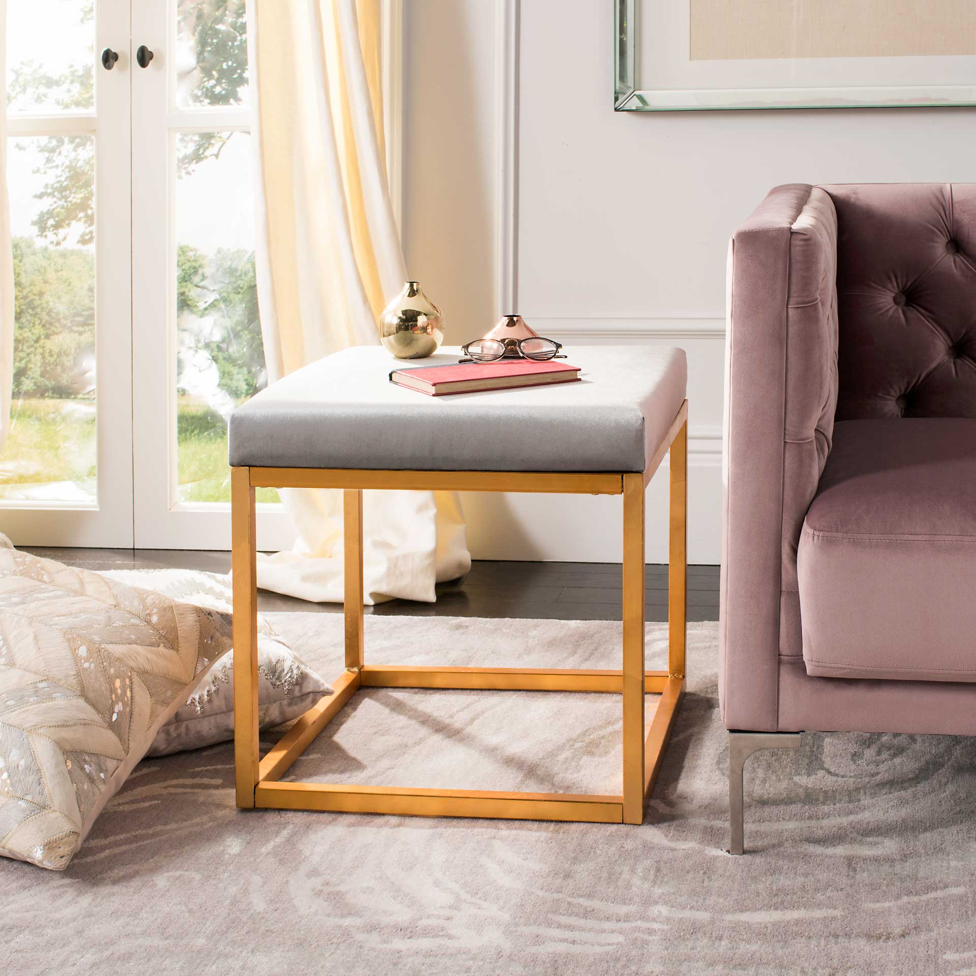 Ronnie Velvet Square Ottoman Gray - Image 5