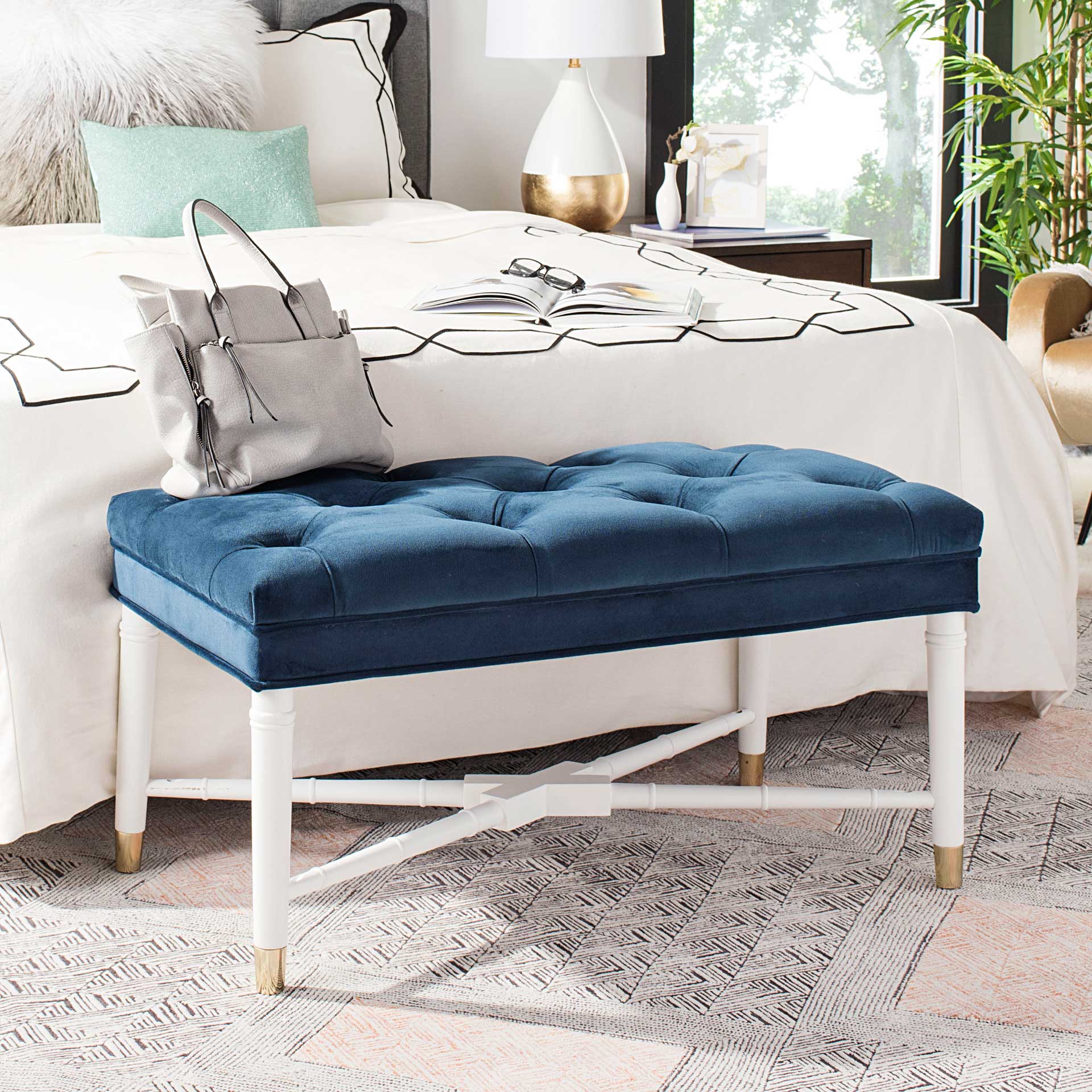 Roy Contemporary Tufted Bench Navy/White - Image 7