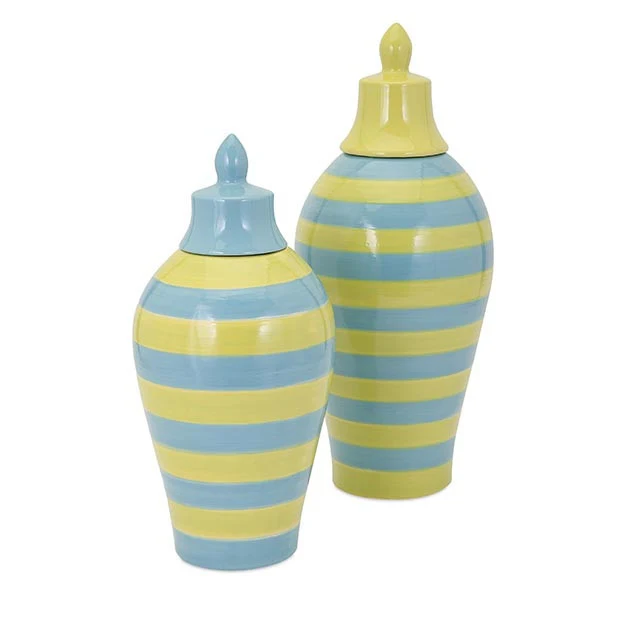 Saline Blue And Green Striped Lidded Vase Large - Image 2