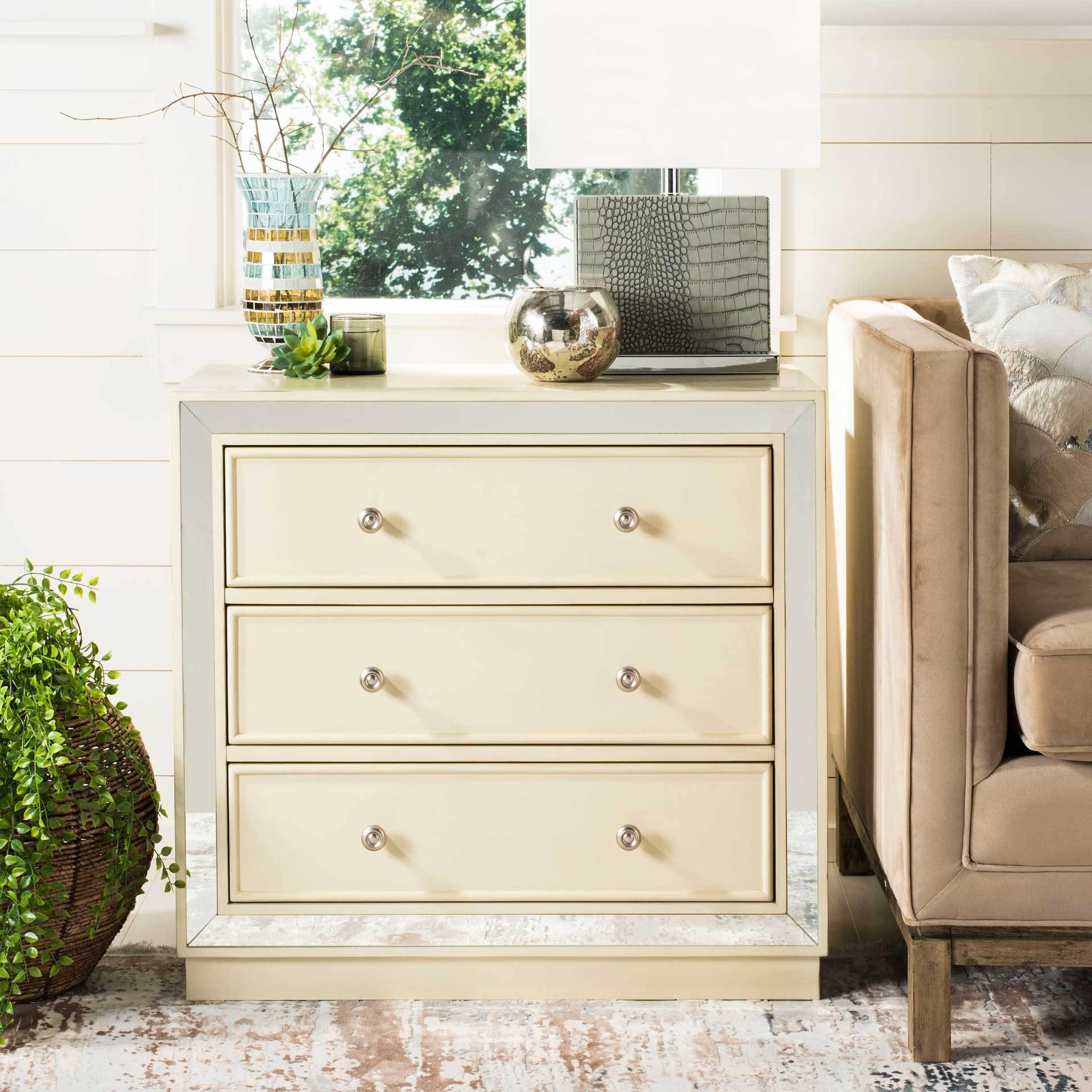 Sid 3 Drawer Chest Antique Beige/Nickel/Mirror - Image 4