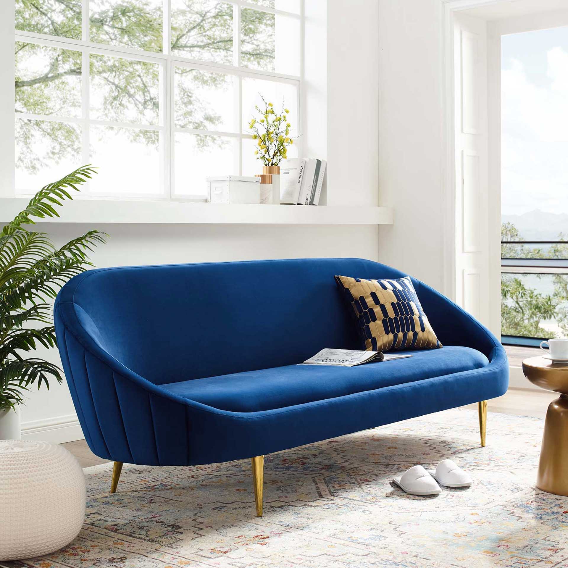 Simeon Vertical Curve Back Velvet Sofa Navy - Image 6