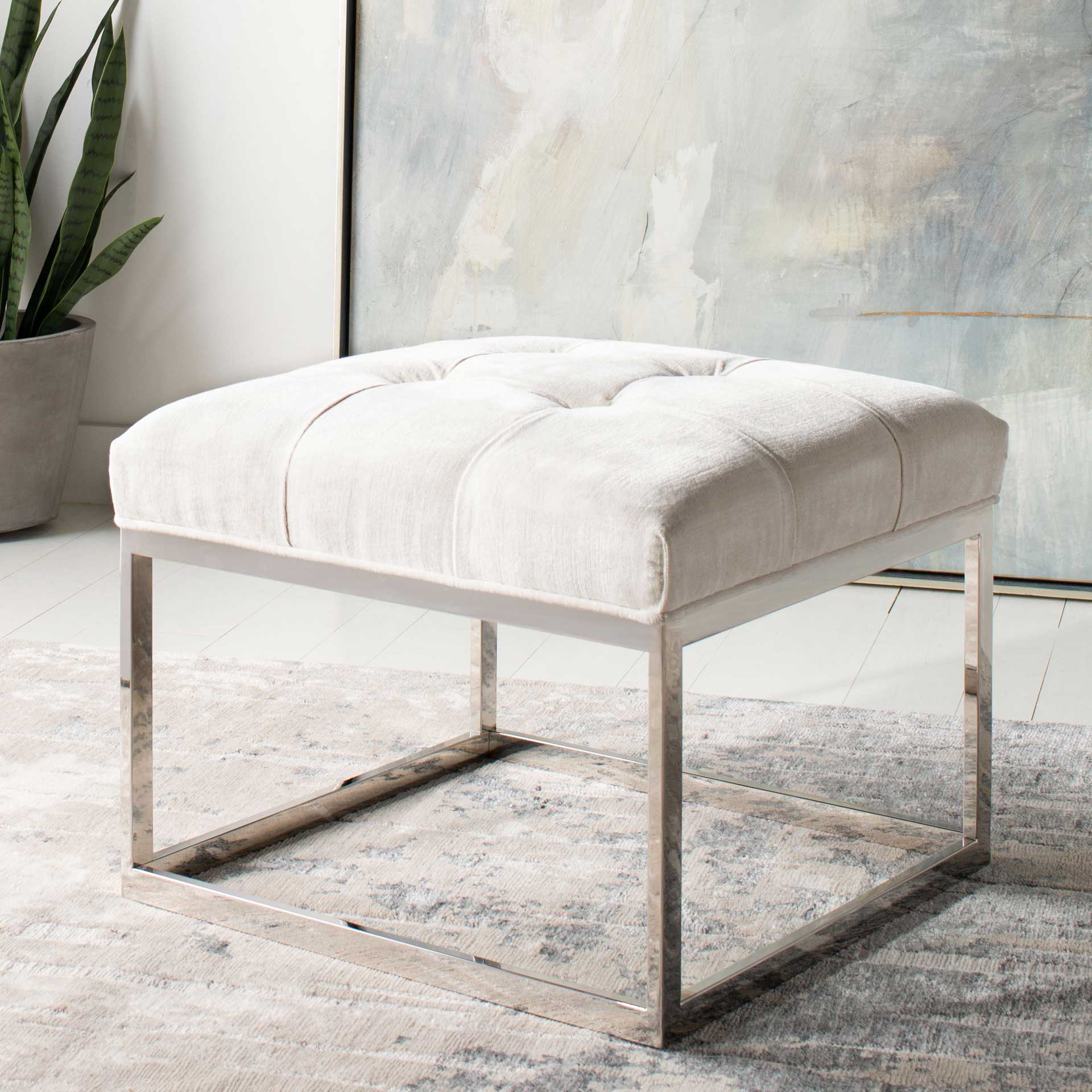 Simeon White Velvet Tufted Ottoman Bella White - Image 5