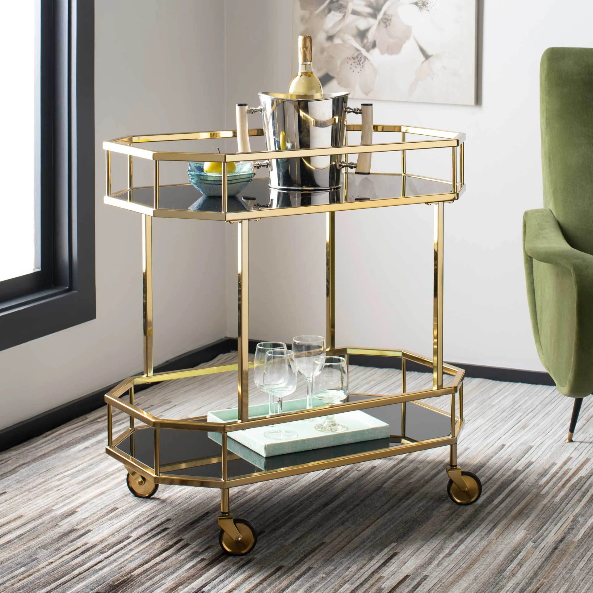 Sincere 2 Tier Octagon Bar Cart Brass/Tinted Glass - Image 6