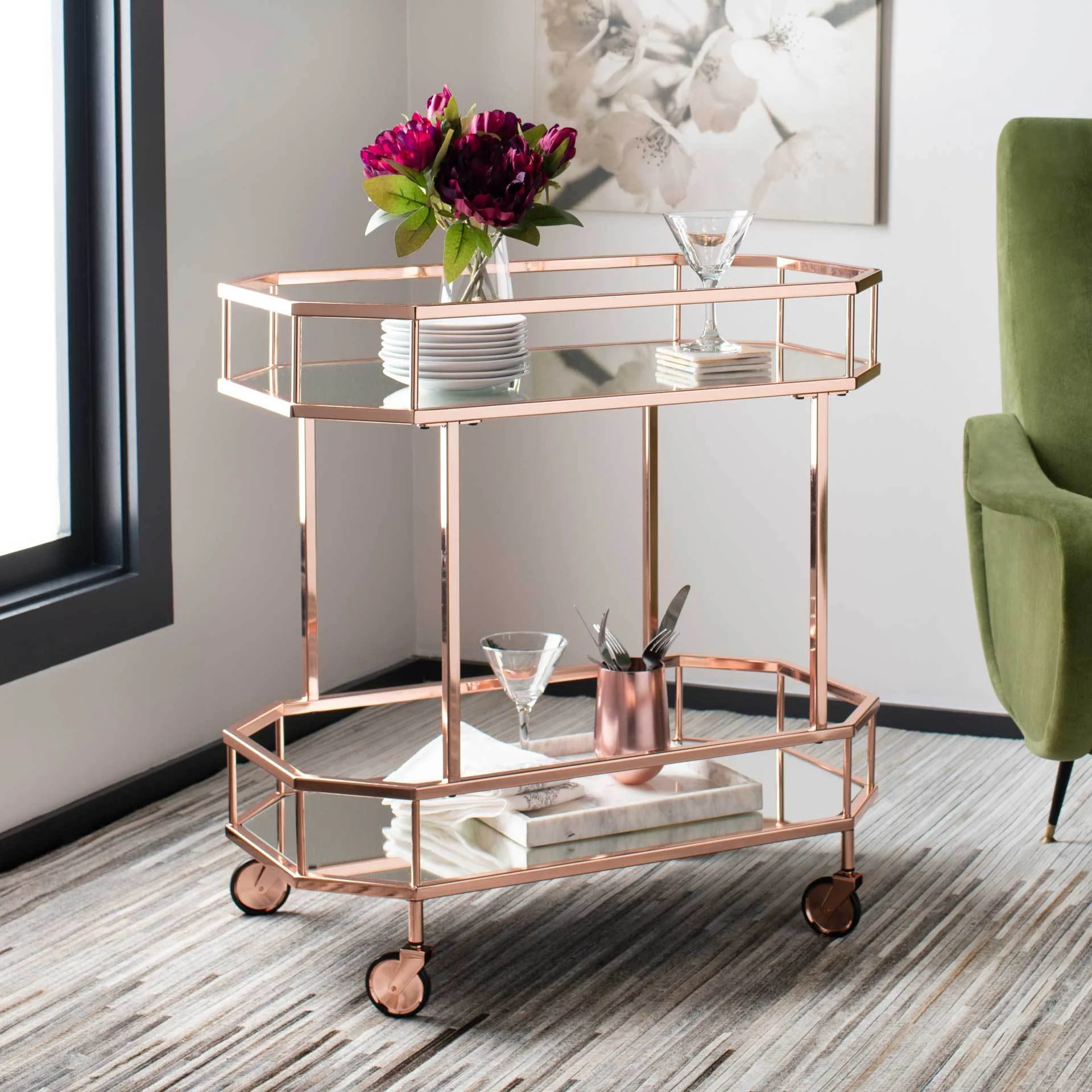 Sincere 2 Tier Octagon Bar Cart Rose Gold/Mirror - Image 6