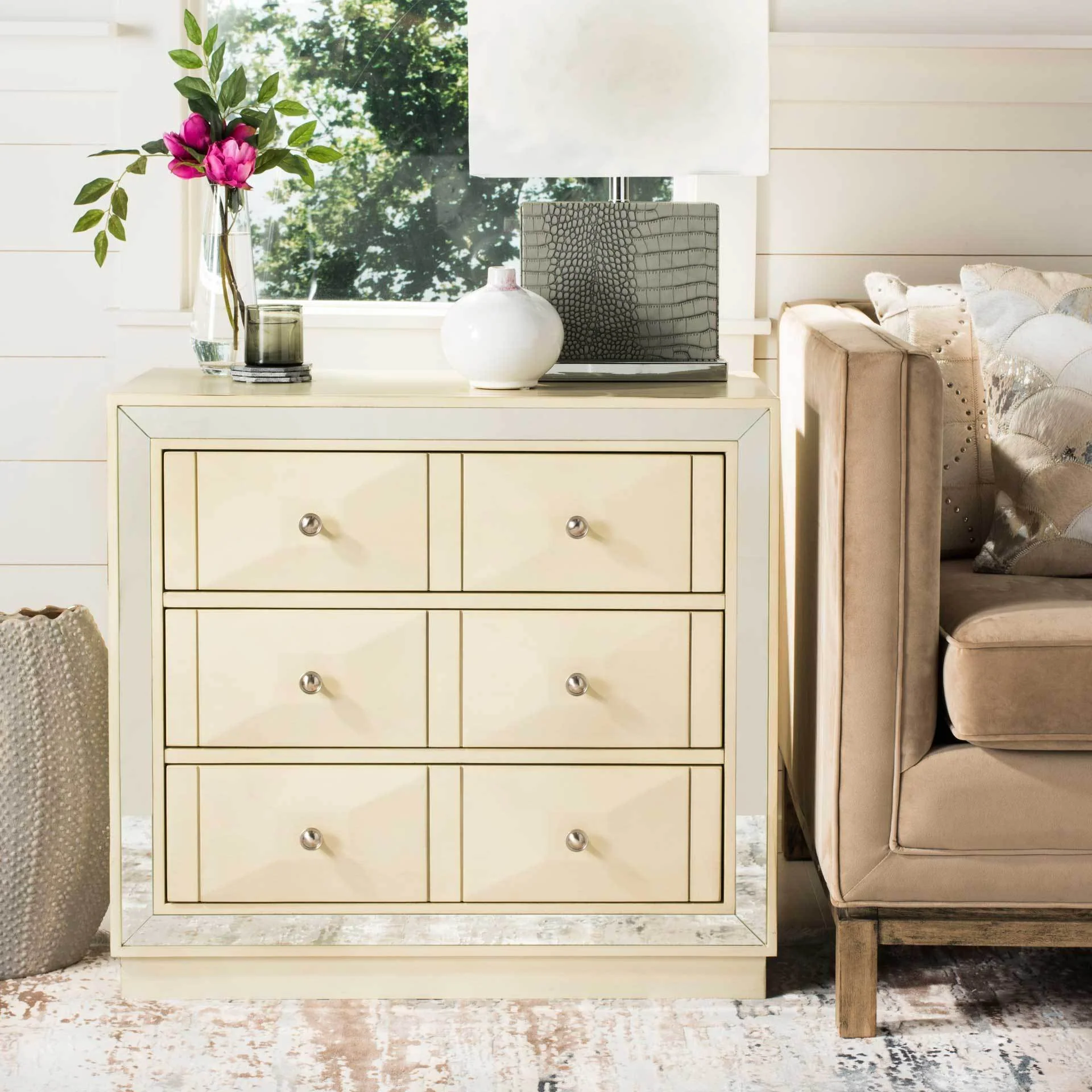 Slade 3 Drawer Chest Antique Beige/Nickel/Mirror - Image 4