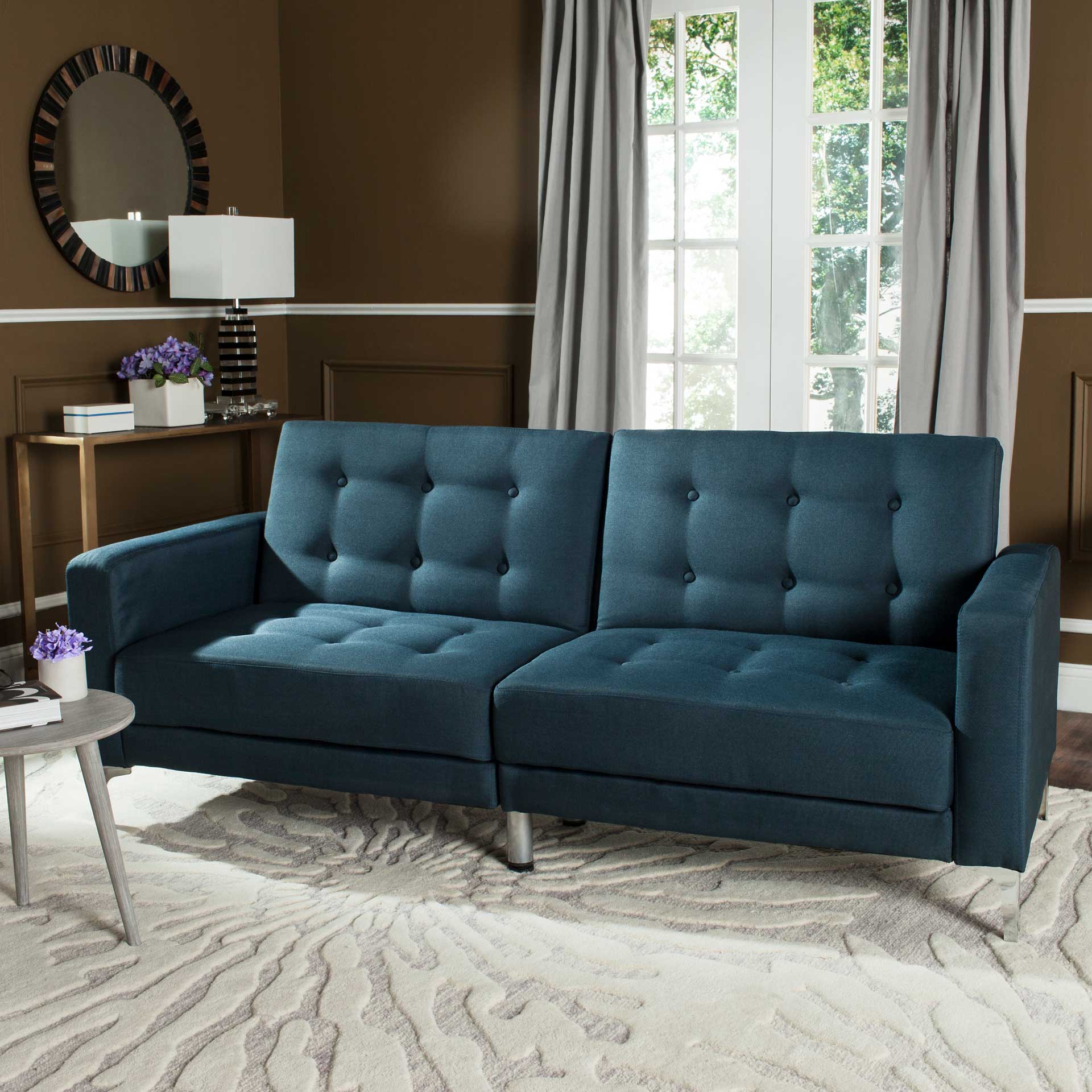 Solid Tufted Foldable Sofa Bed Navy/Silver - Image 6