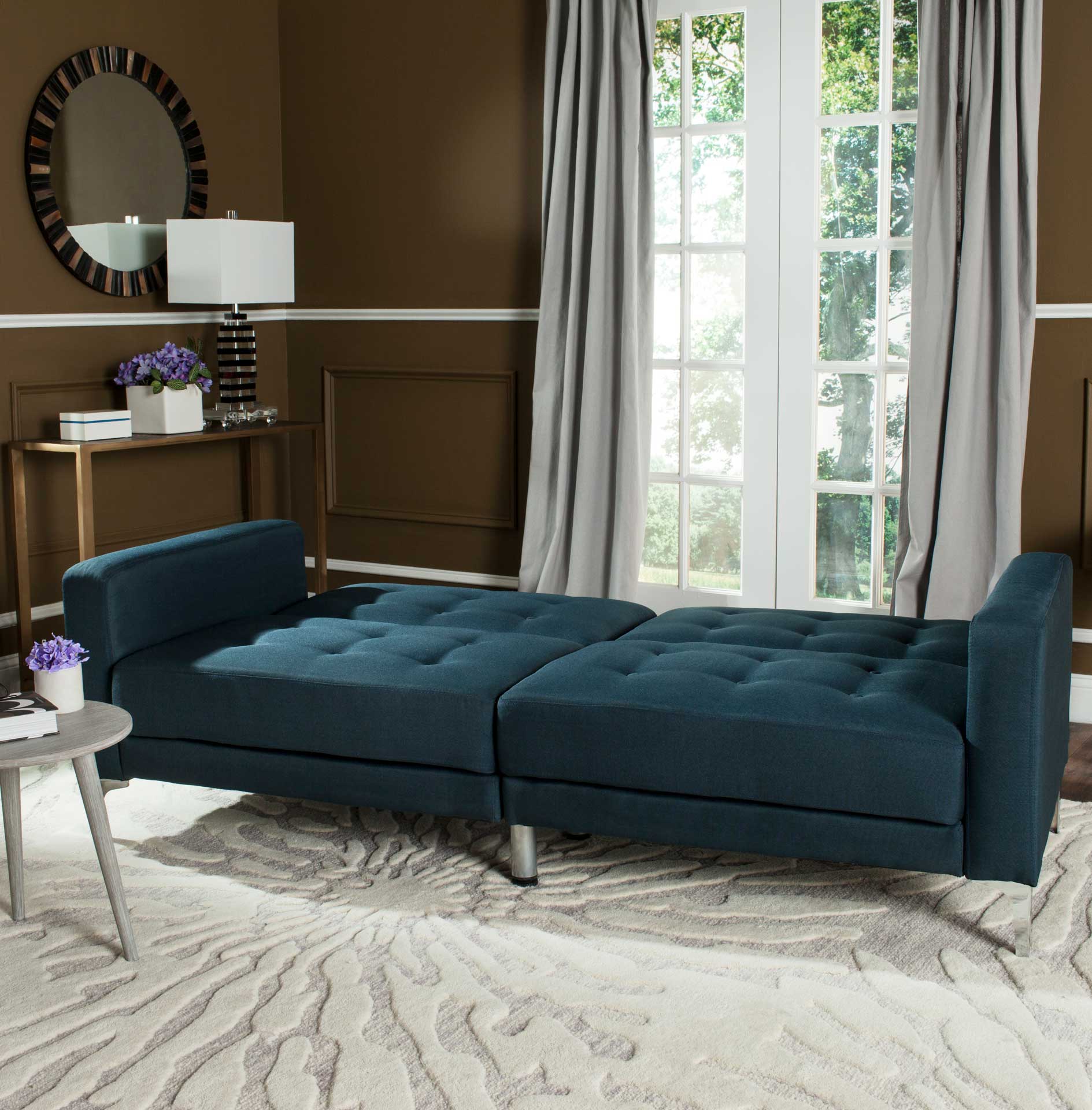 Solid Tufted Foldable Sofa Bed Navy/Silver - Image 7