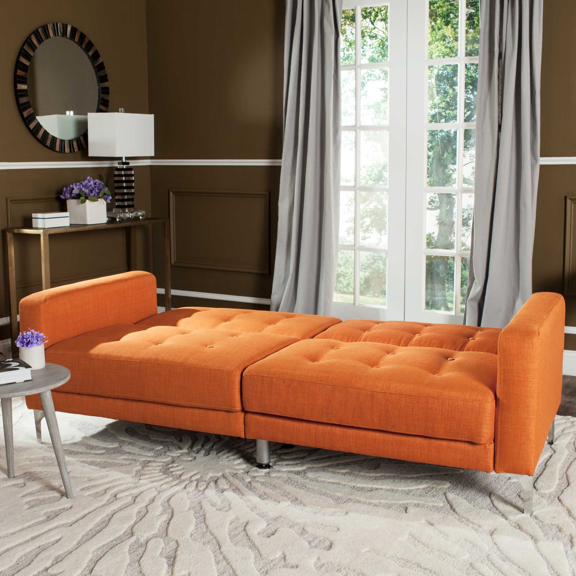 Solid Tufted Foldable Sofa Bed Orange/Silver - Image 6