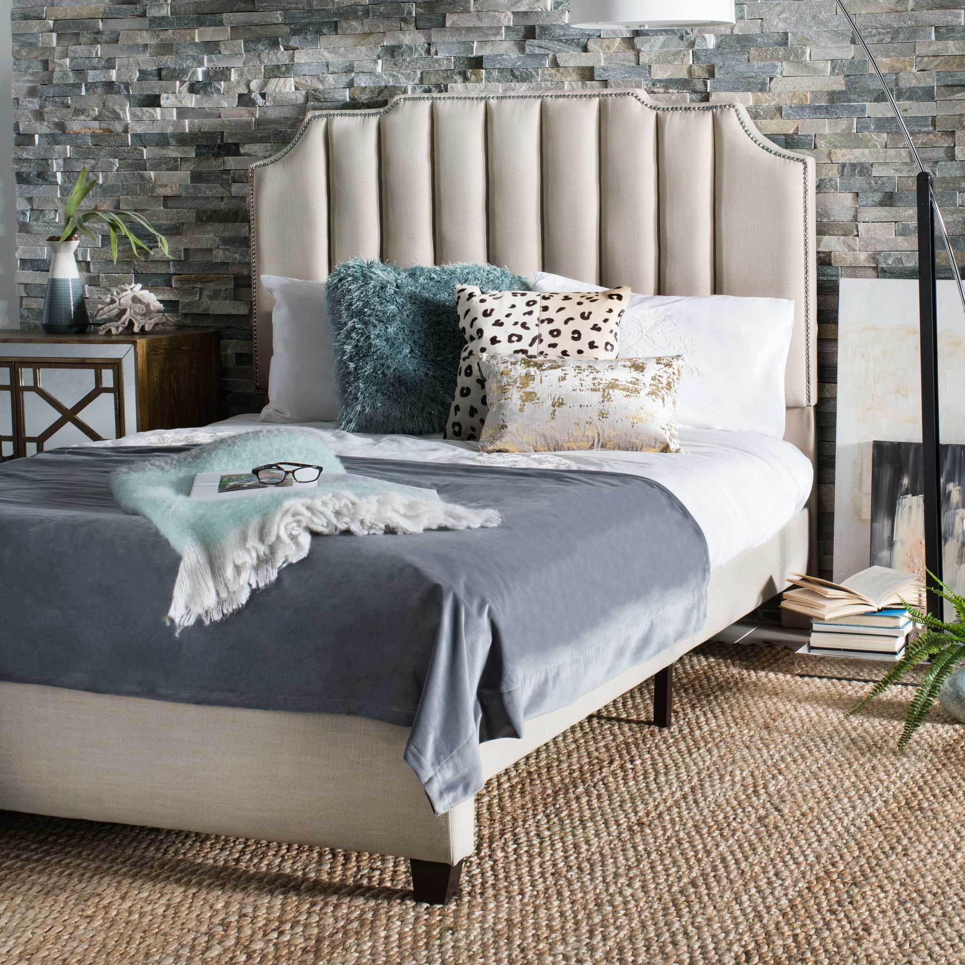 Starburst Upholstered Velvet Bed Beige - Image 5