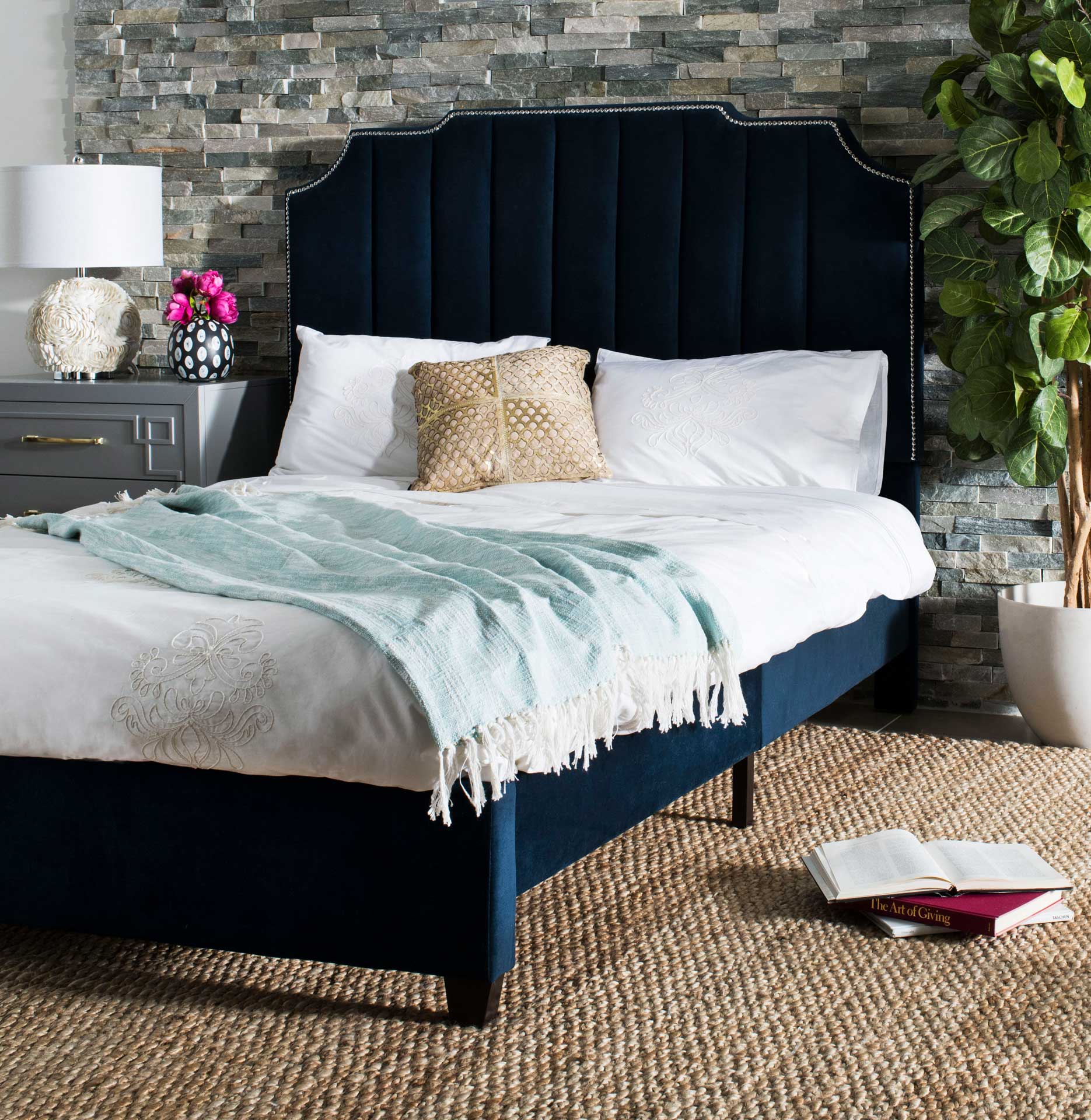 Starburst Upholstered Velvet Bed Navy - Image 5