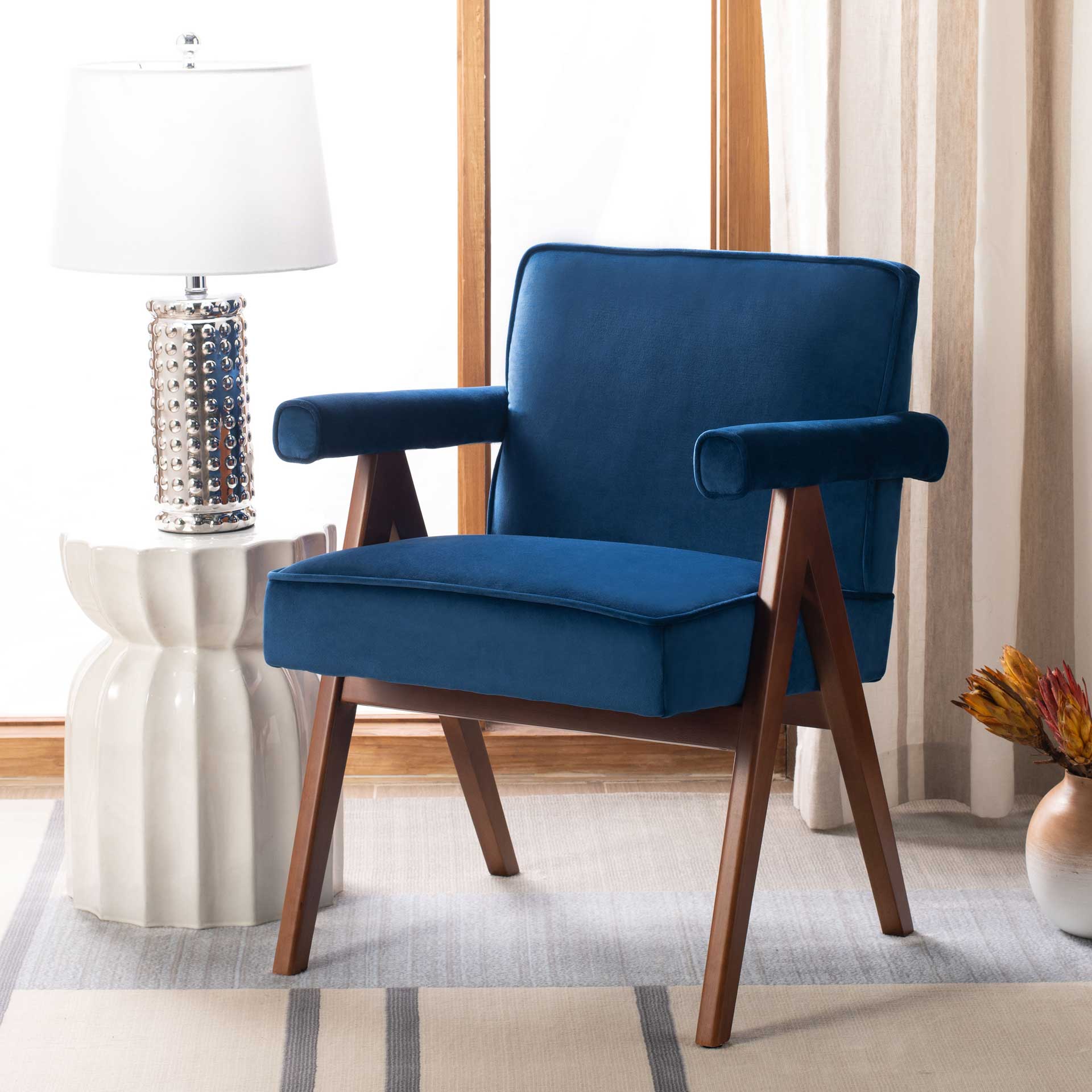 Sunflower Mid Century Arm Chair Navy/Walnut - Image 10