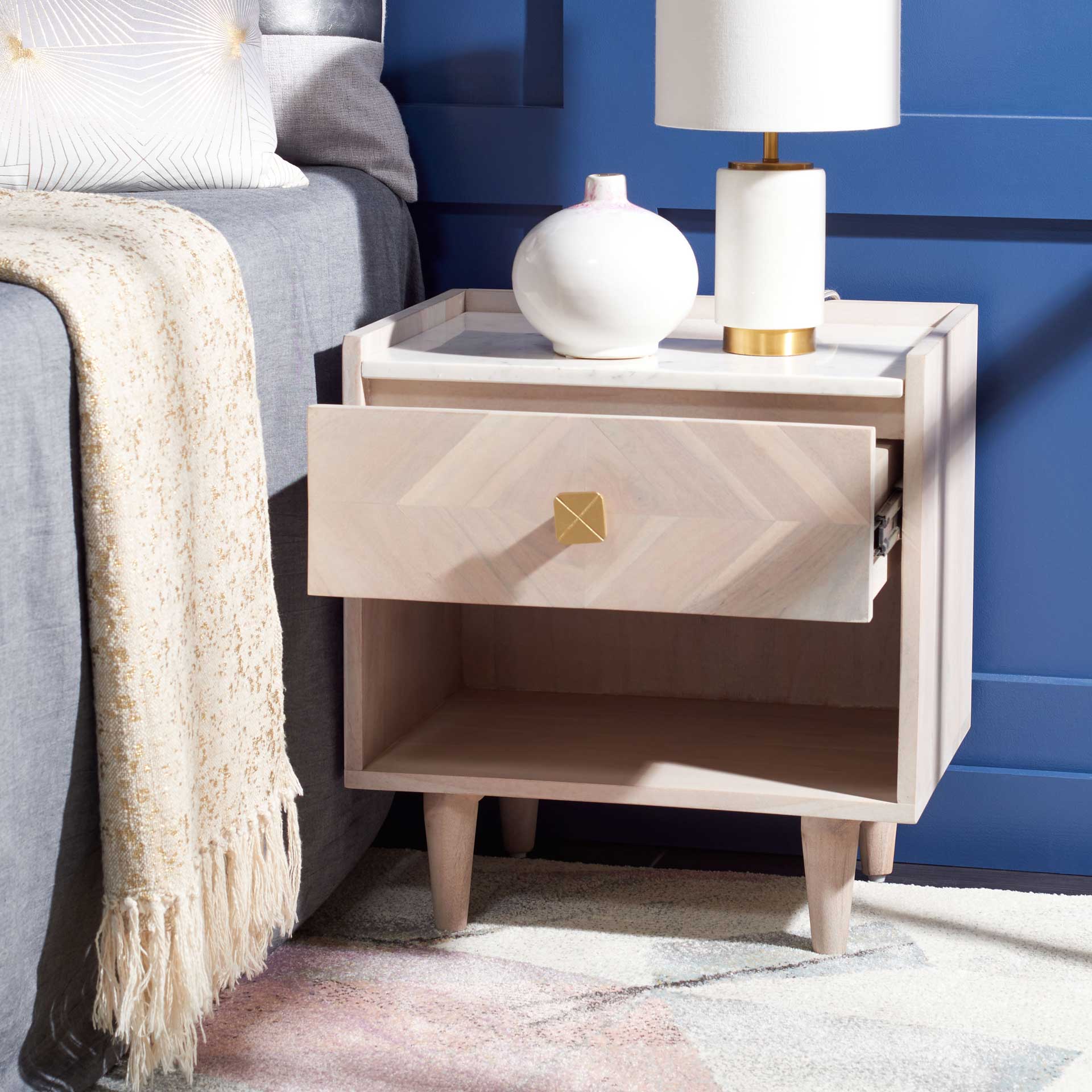 Tabitha Parquet Nightstand White Wash/Brass - Image 6