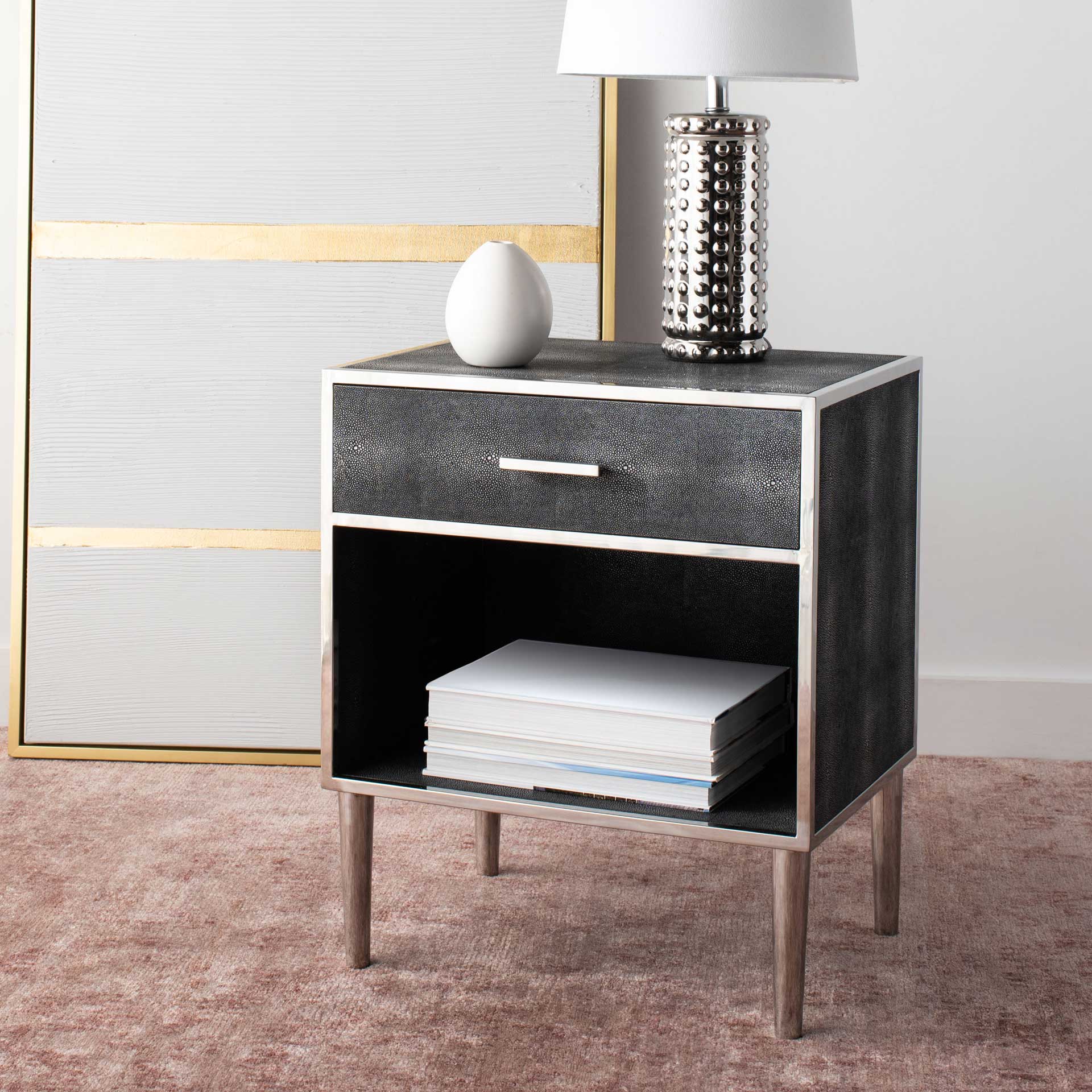 Tanzania Faux Shagreen Nightstand Black/Silver - Image 9