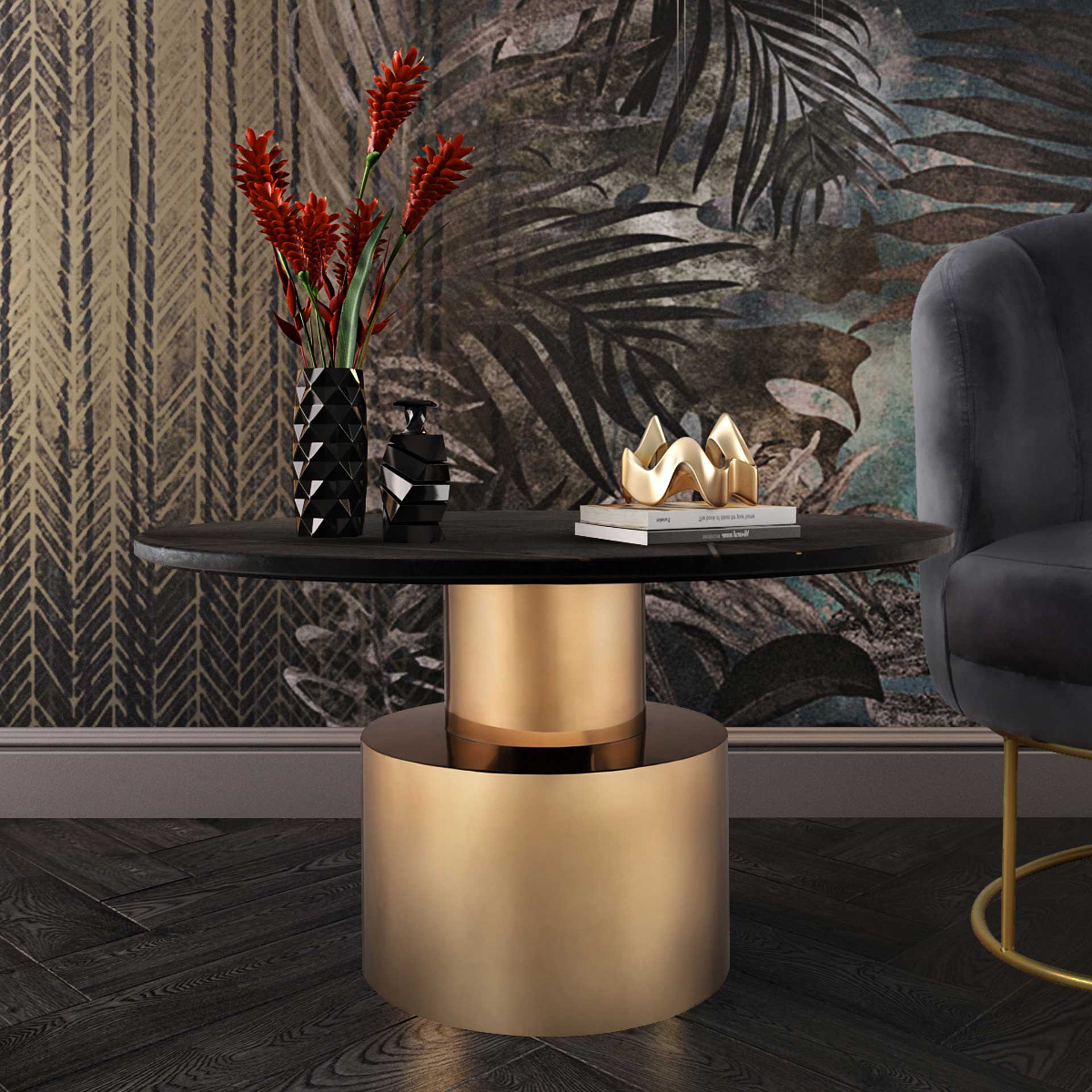 Terrence Marble Coffee Table Black/Brass - Image 5