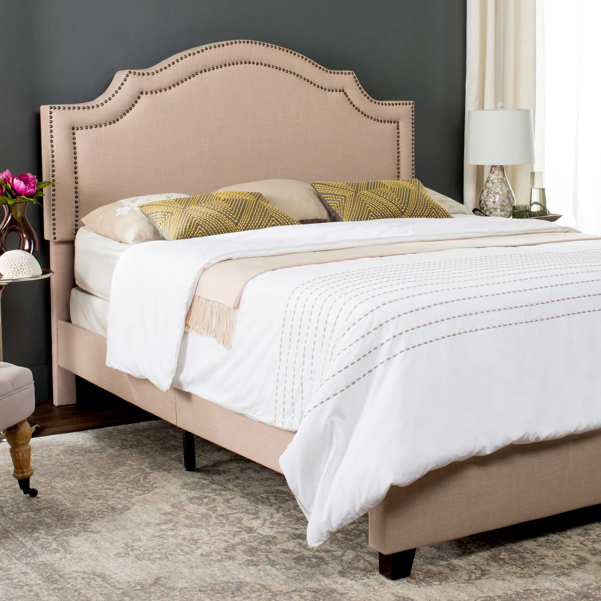Thaddeus Upholstered Bed Light Beige/Brass - Image 5