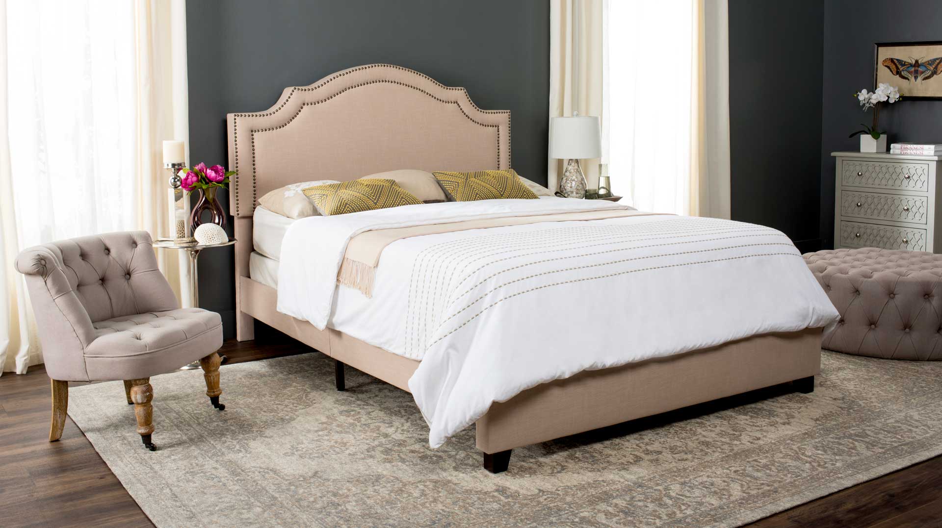 Thaddeus Upholstered Bed Light Beige/Brass - Image 6