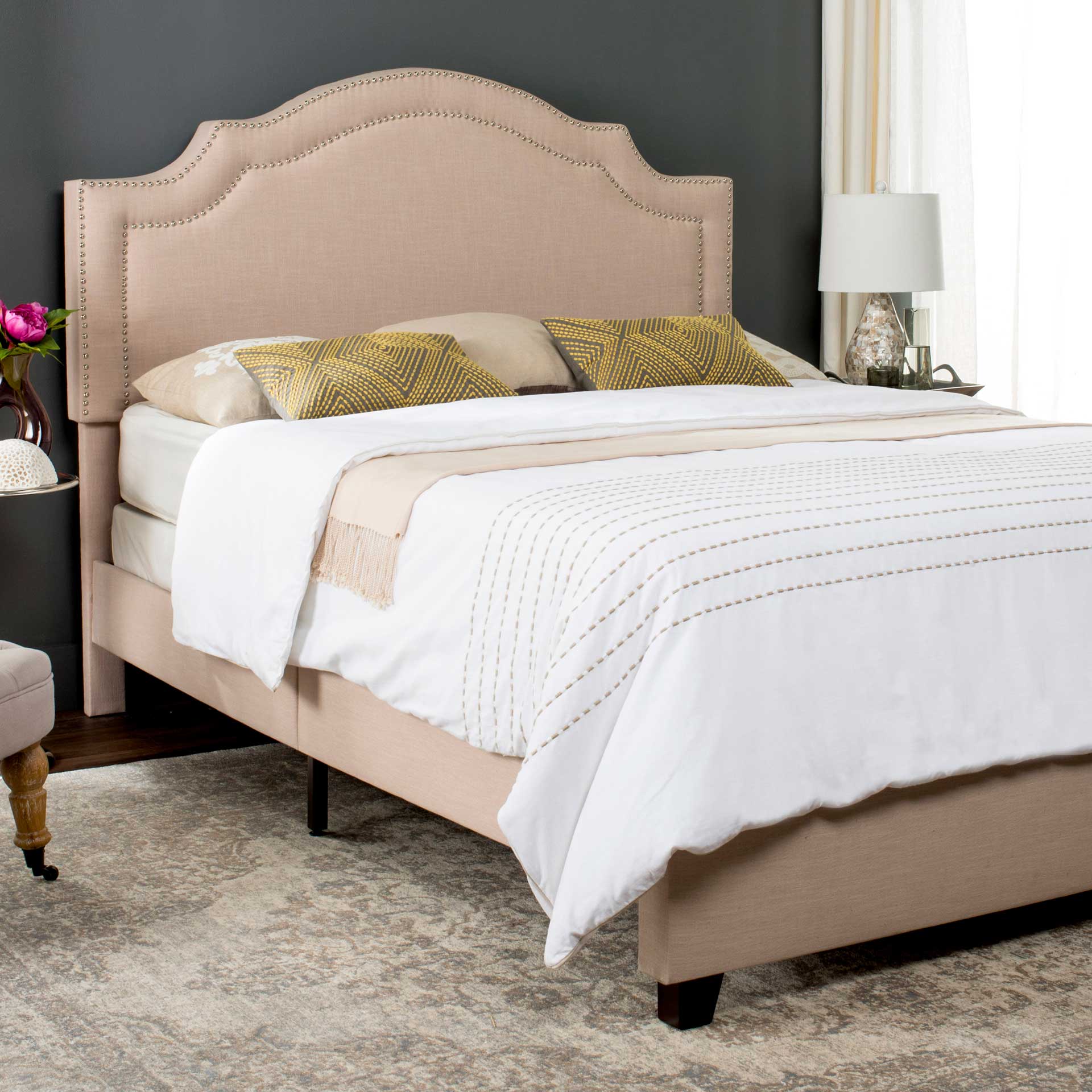 Thaddeus Upholstered Bed Light Beige/Silver - Image 4