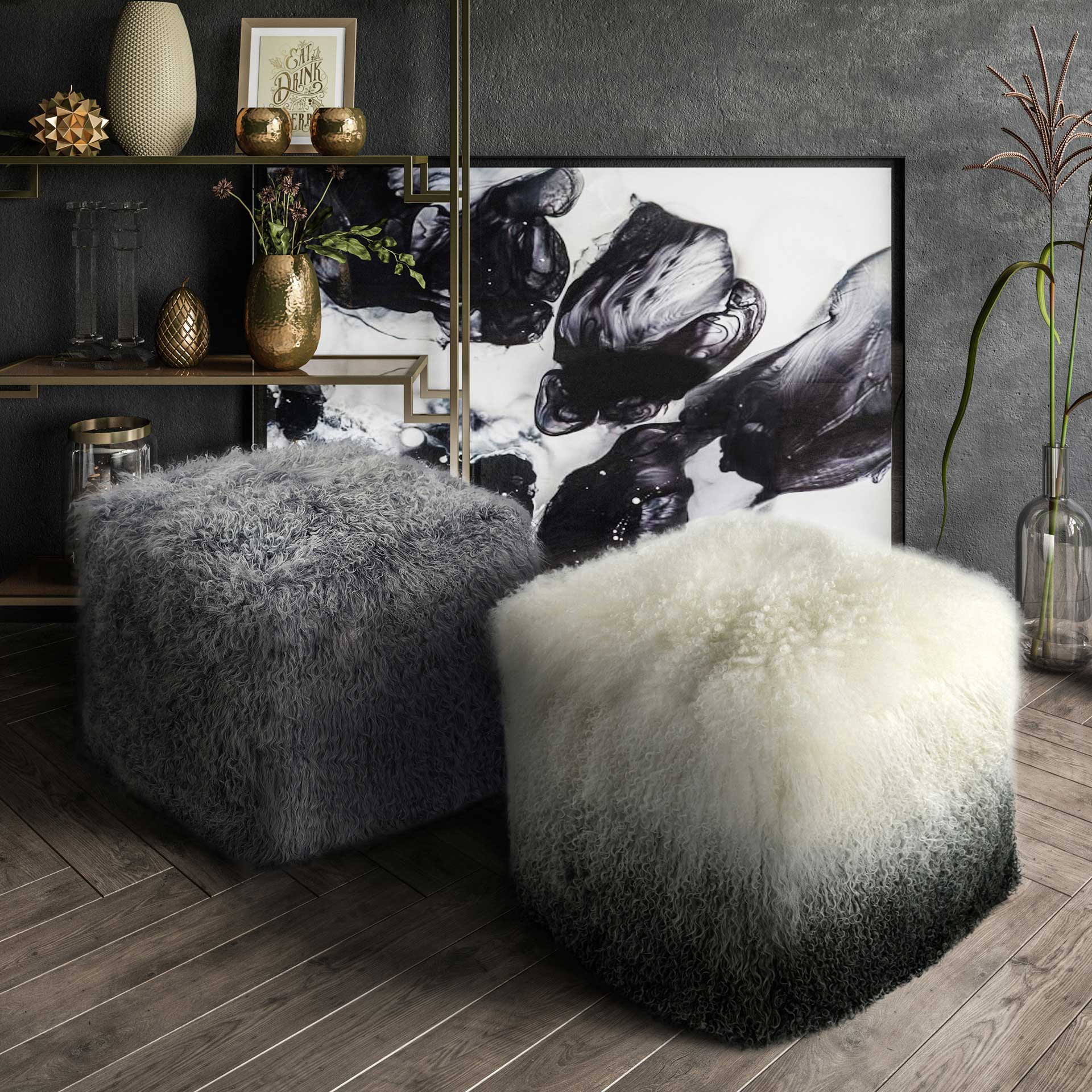 Tibetan Sheep Pouf White/Gray - Image 4