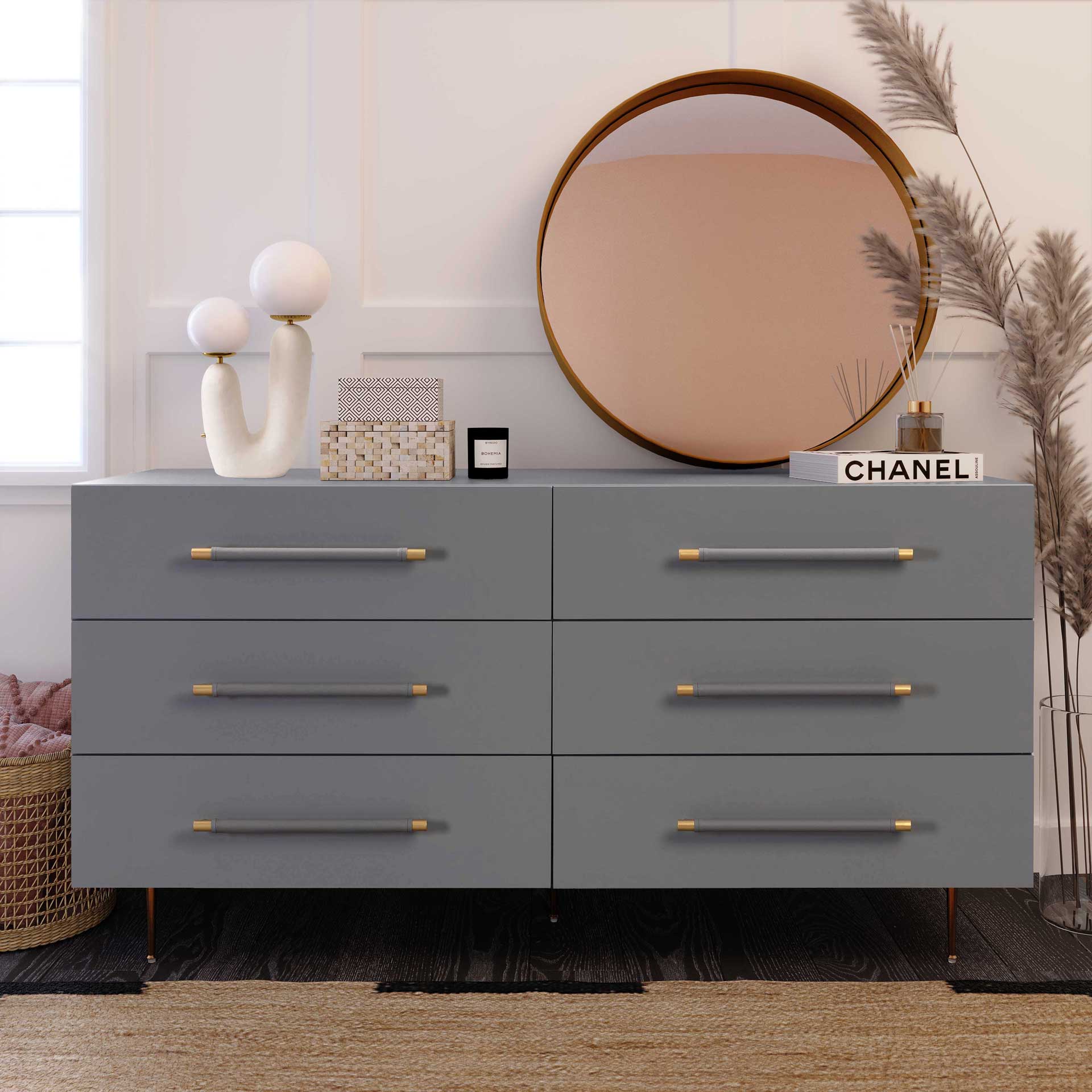 Trey 6 Drawer Dresser Gray/Brass - Image 8