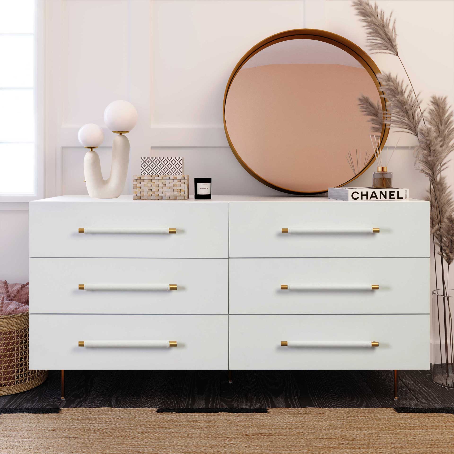 Trey 6 Drawer Dresser White/Brass - Image 8