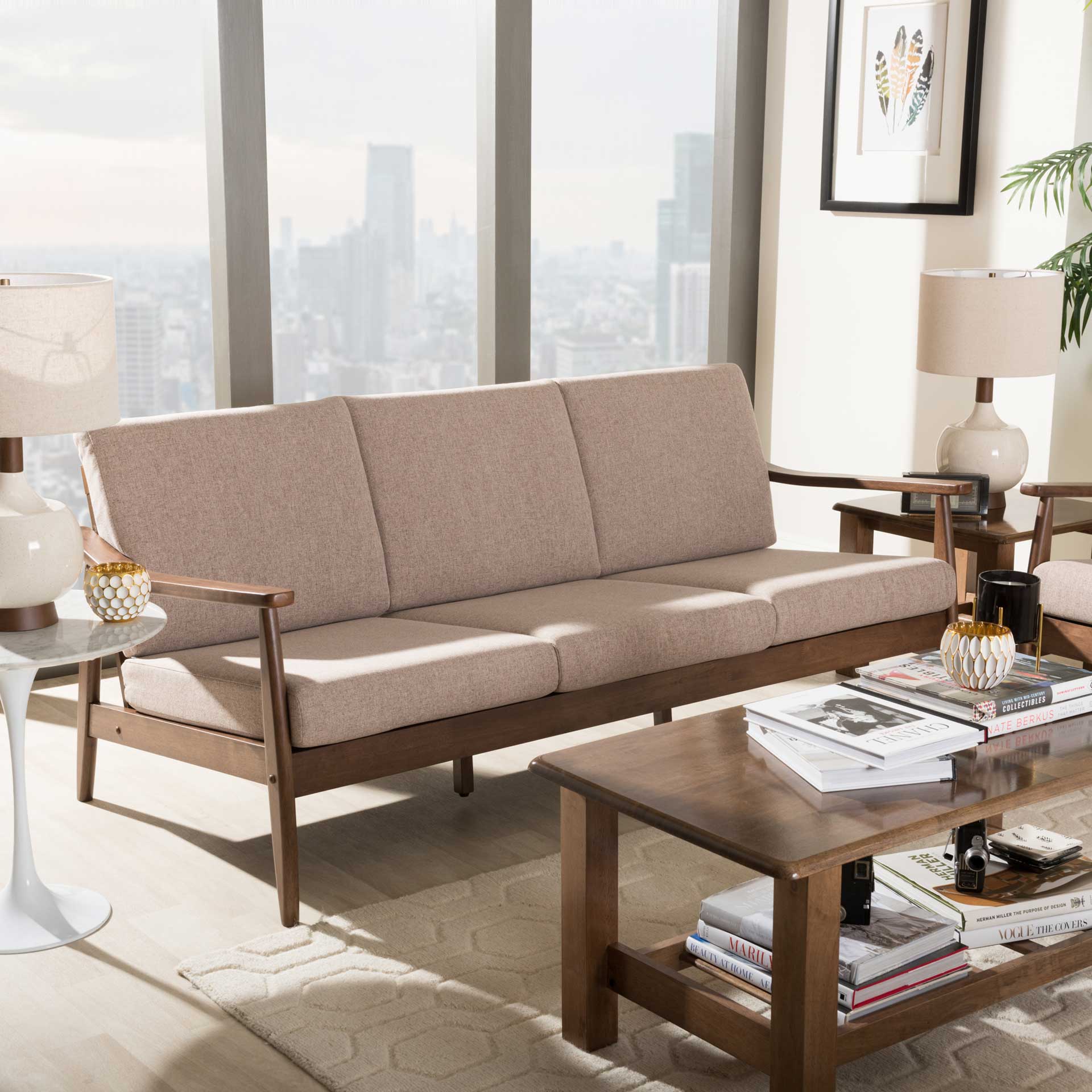 Vega Fabric Upholstered Sofa Light Brown/Walnut - Image 8