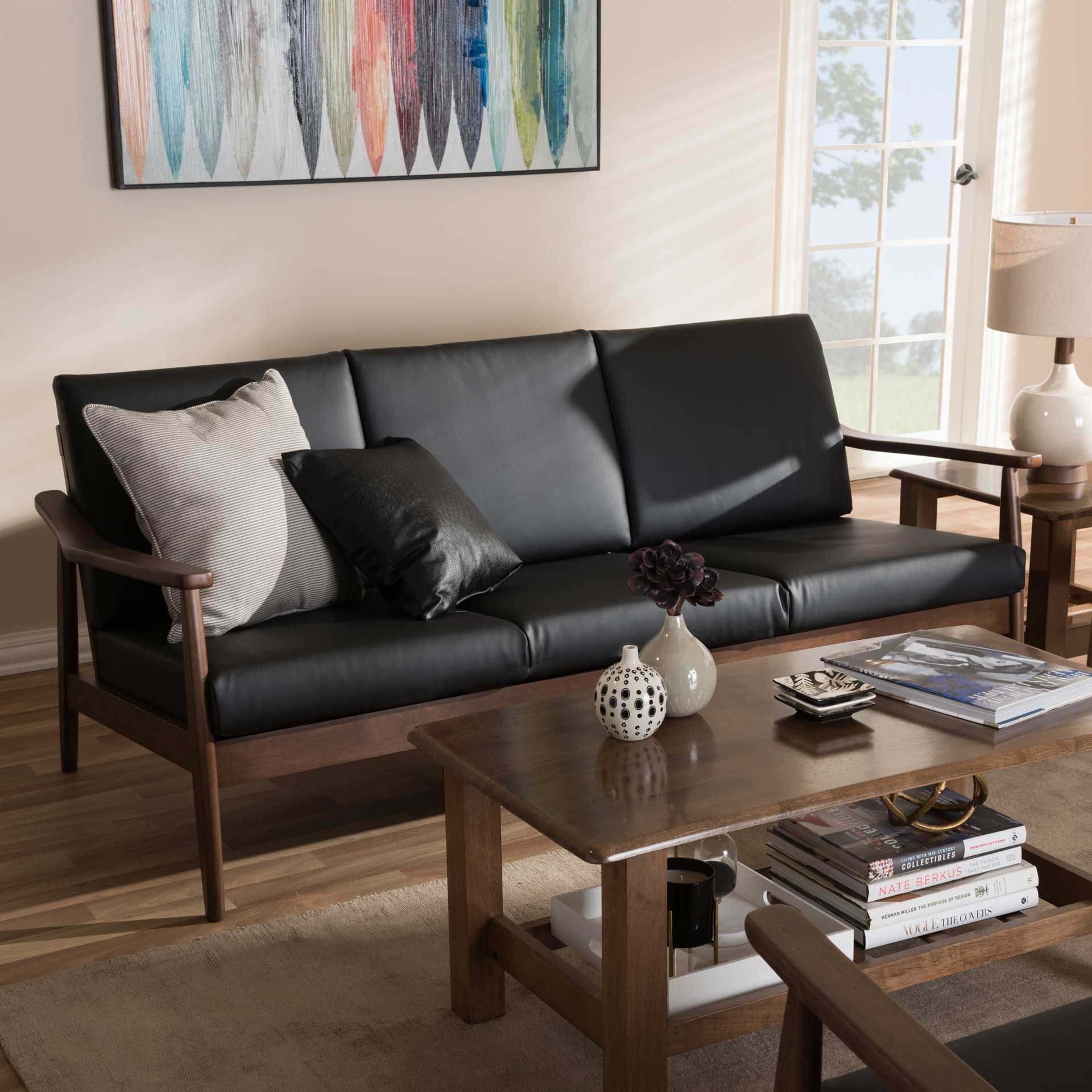 Vega Faux Leather Sofa Black/Walnut - Image 8