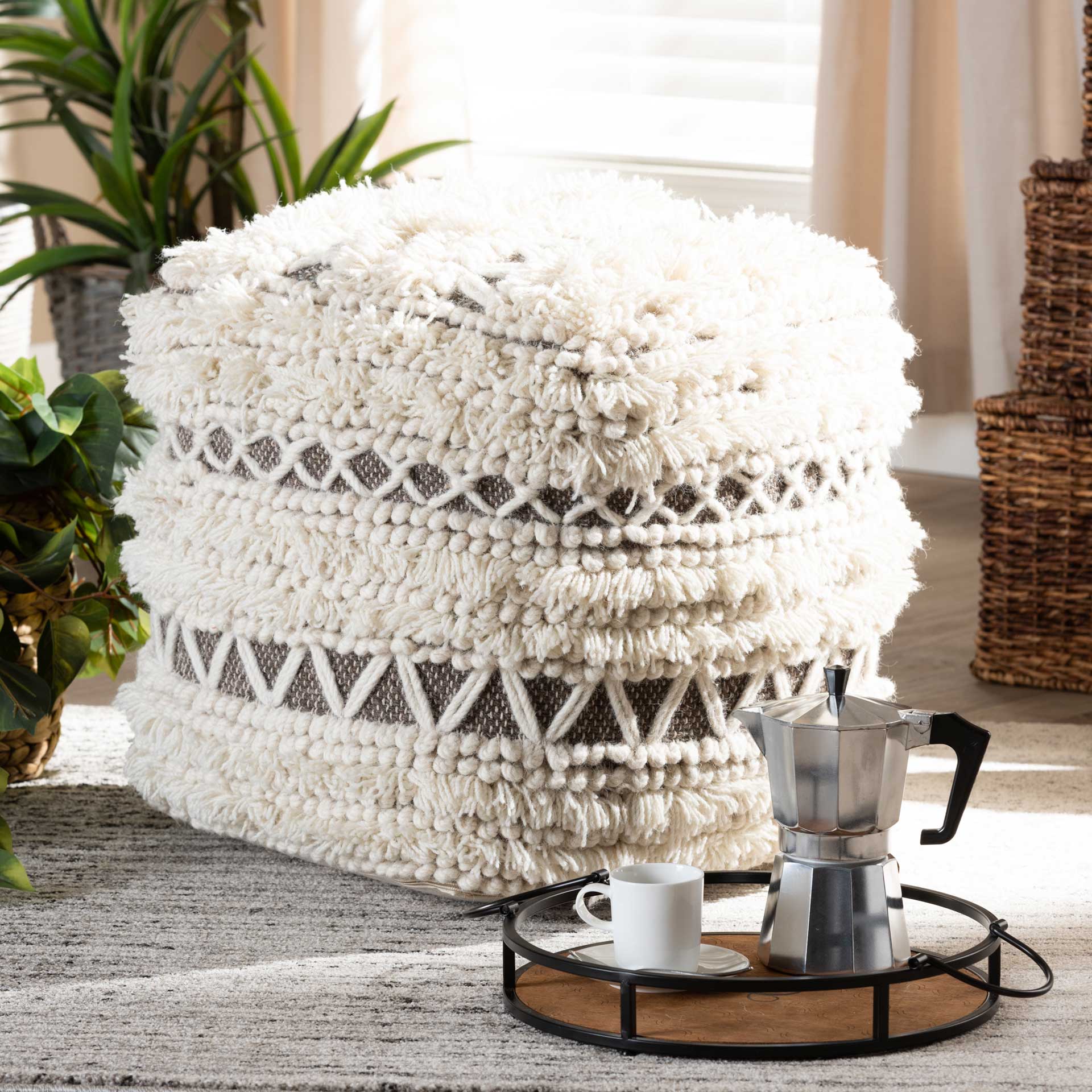 Velina Handwoven Wool Pouf Beige/Brown - Image 6