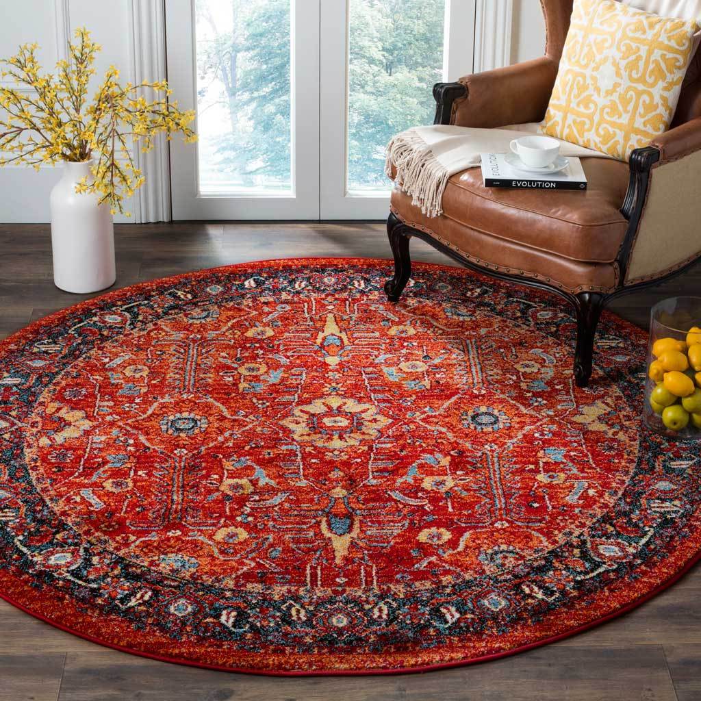 Vintage Hamadan Orange/Navy Round Rug - Image 3