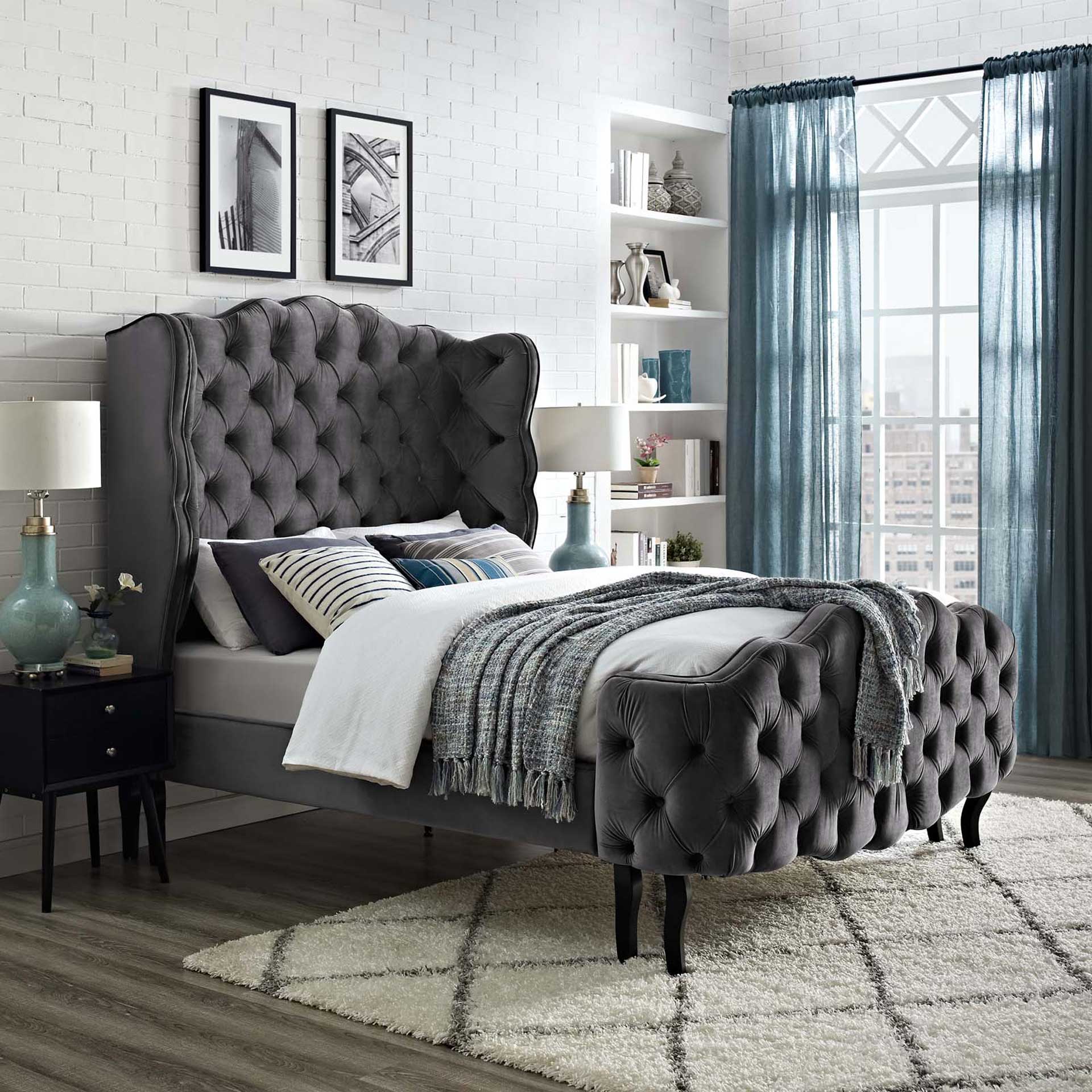 Vintage Velvet Platform Bed Gray - Image 5