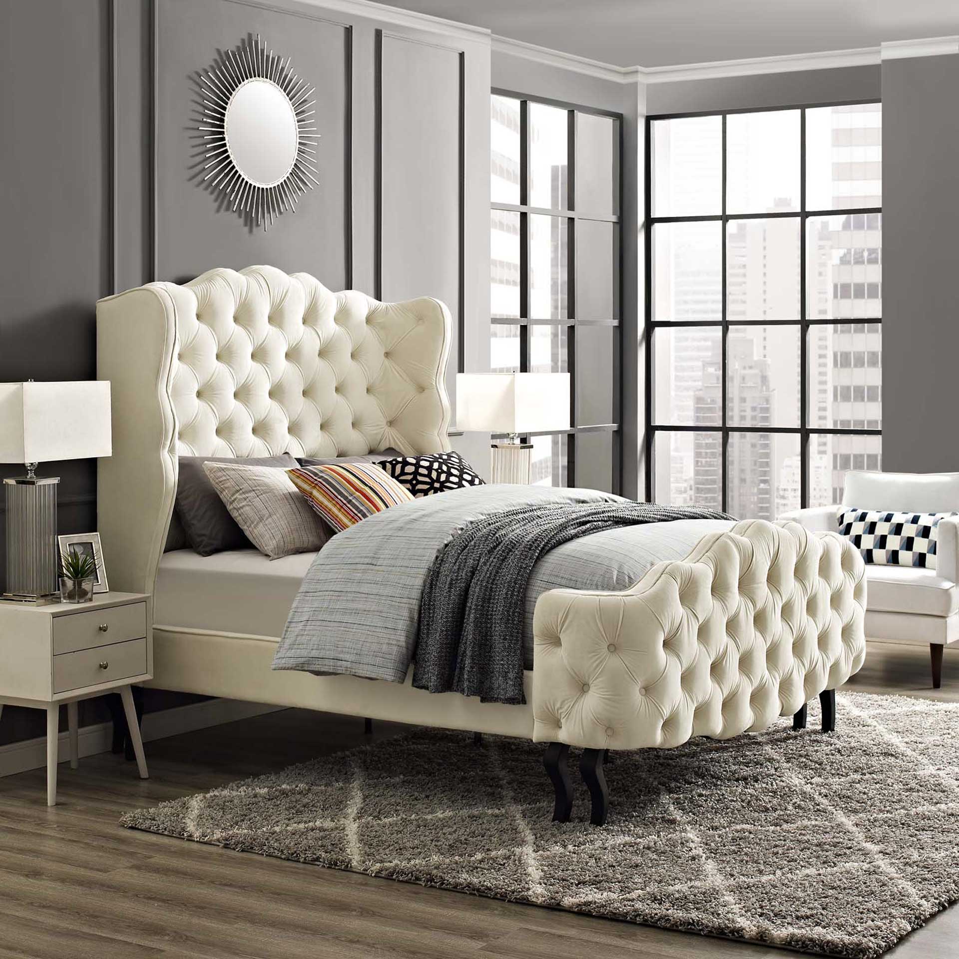 Vintage Velvet Platform Bed Ivory - Image 5