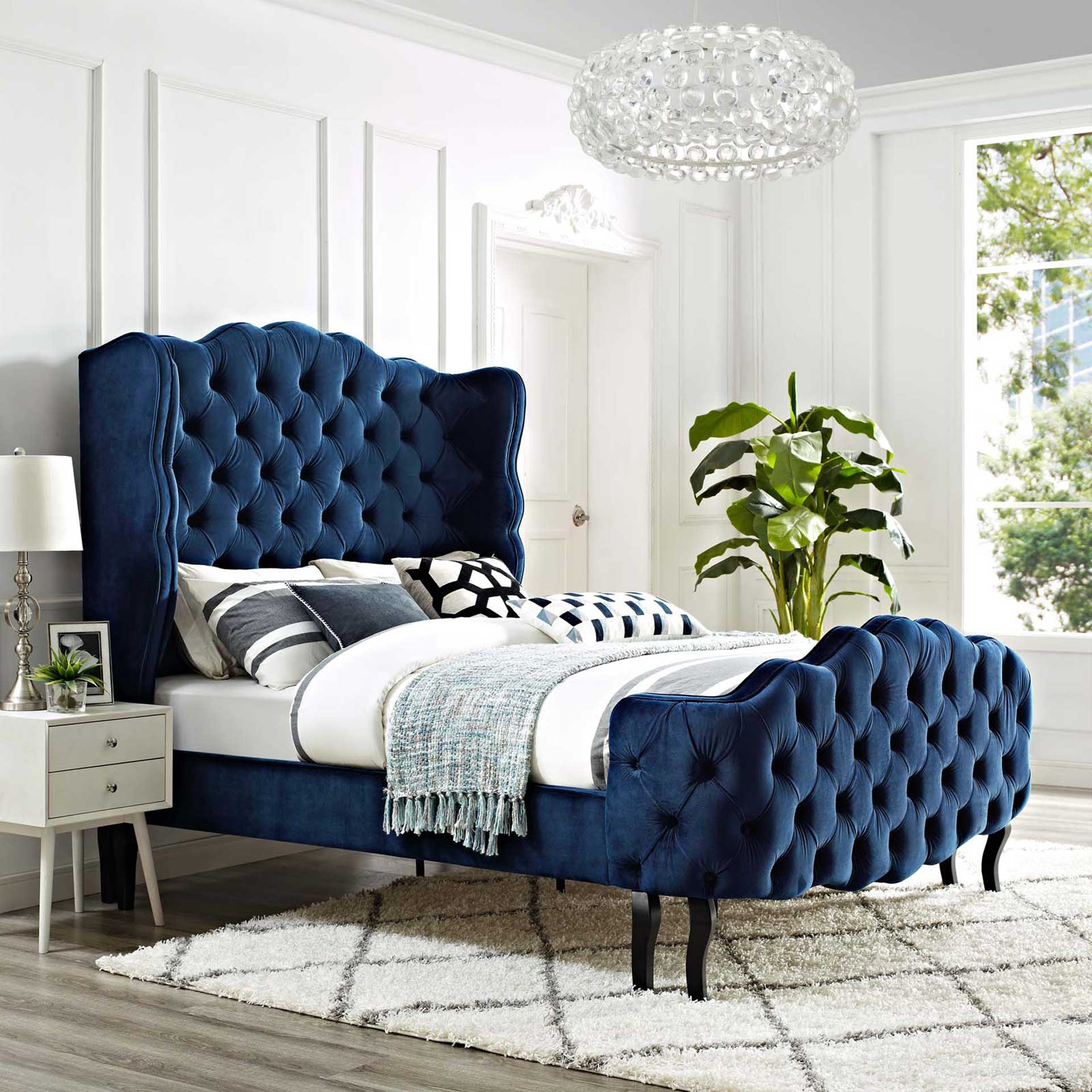 Vintage Velvet Platform Bed Navy - Image 5