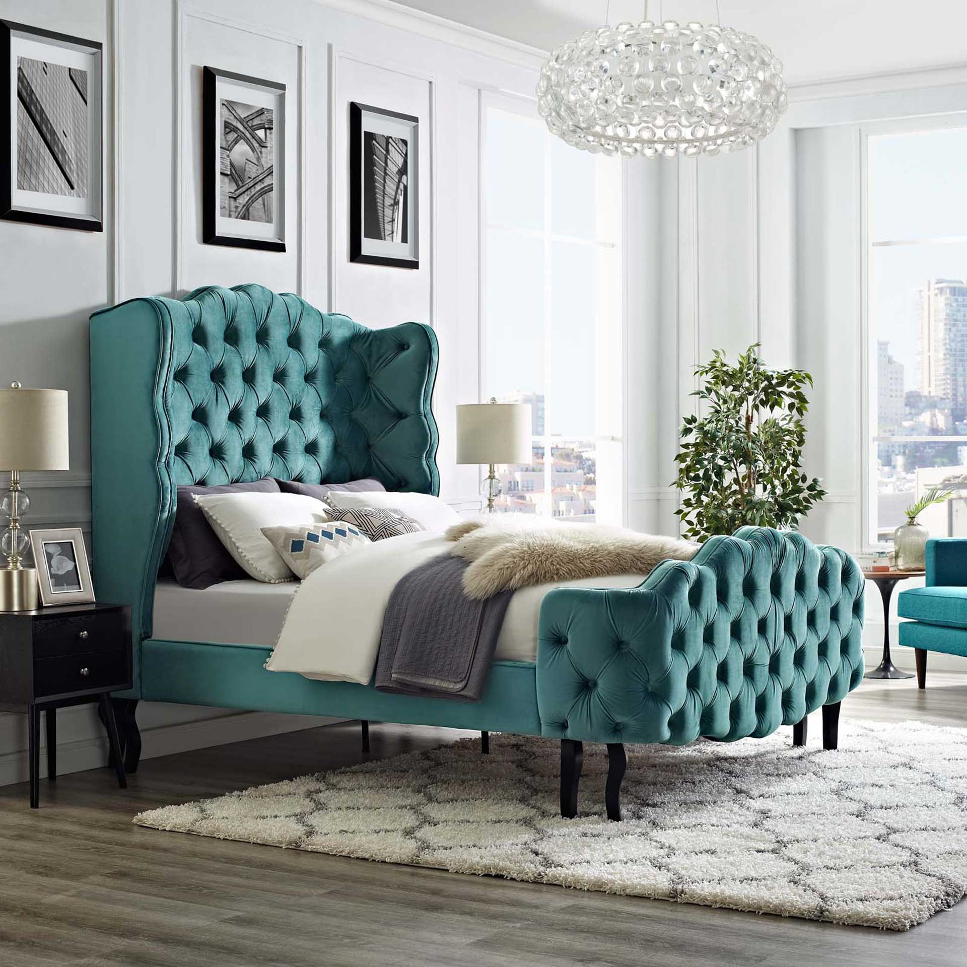 Vintage Velvet Platform Bed Sea Blue - Image 5