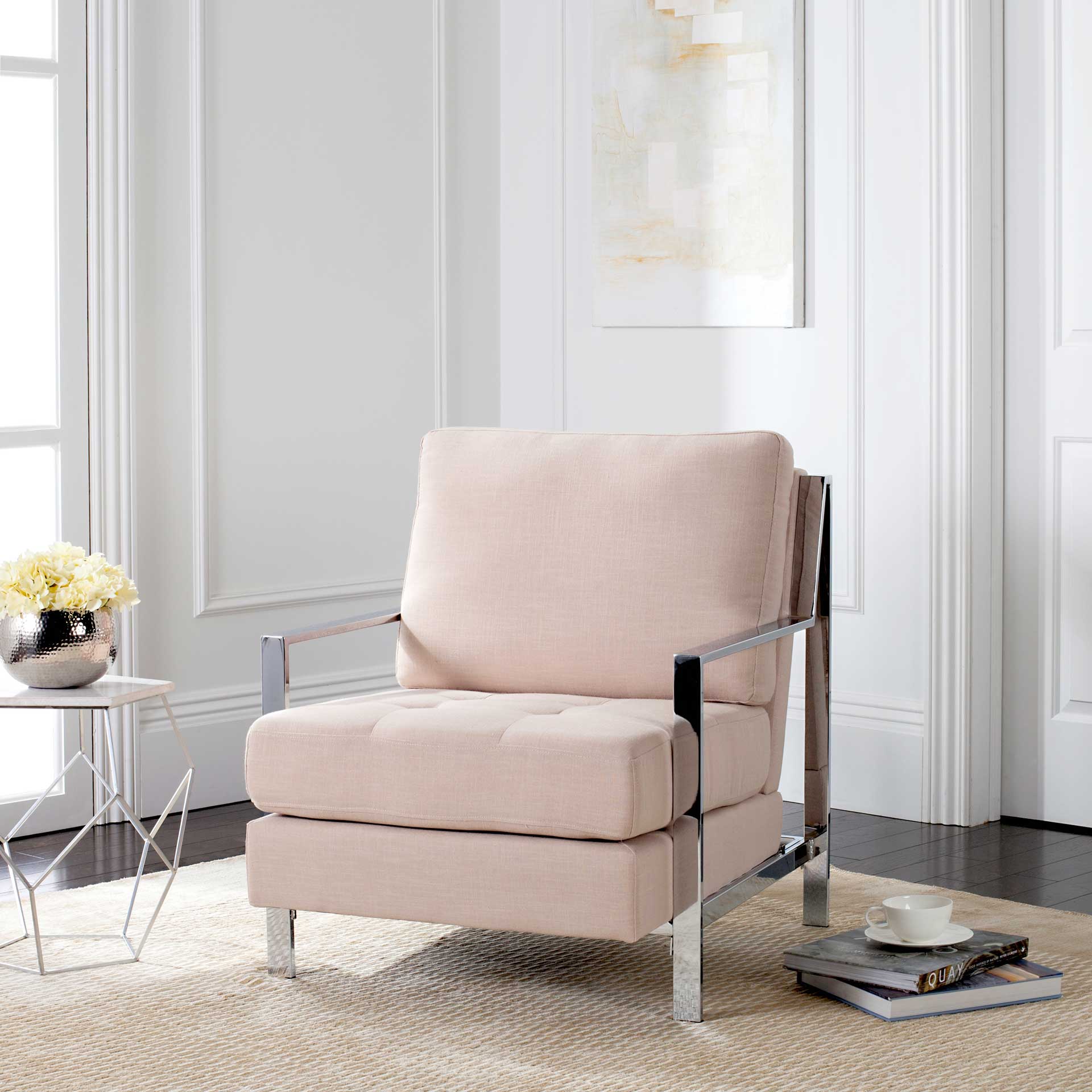 Waffle Tufted Linen Chrome Accent Chair Beige - Image 7