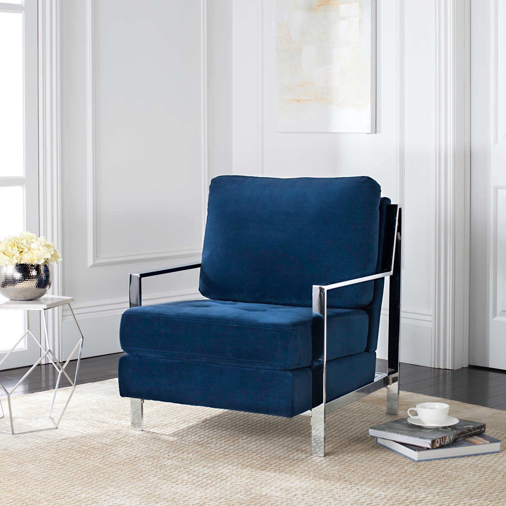 Waffle Tufted Velvet Chrome Accent Chair Navy - Image 8