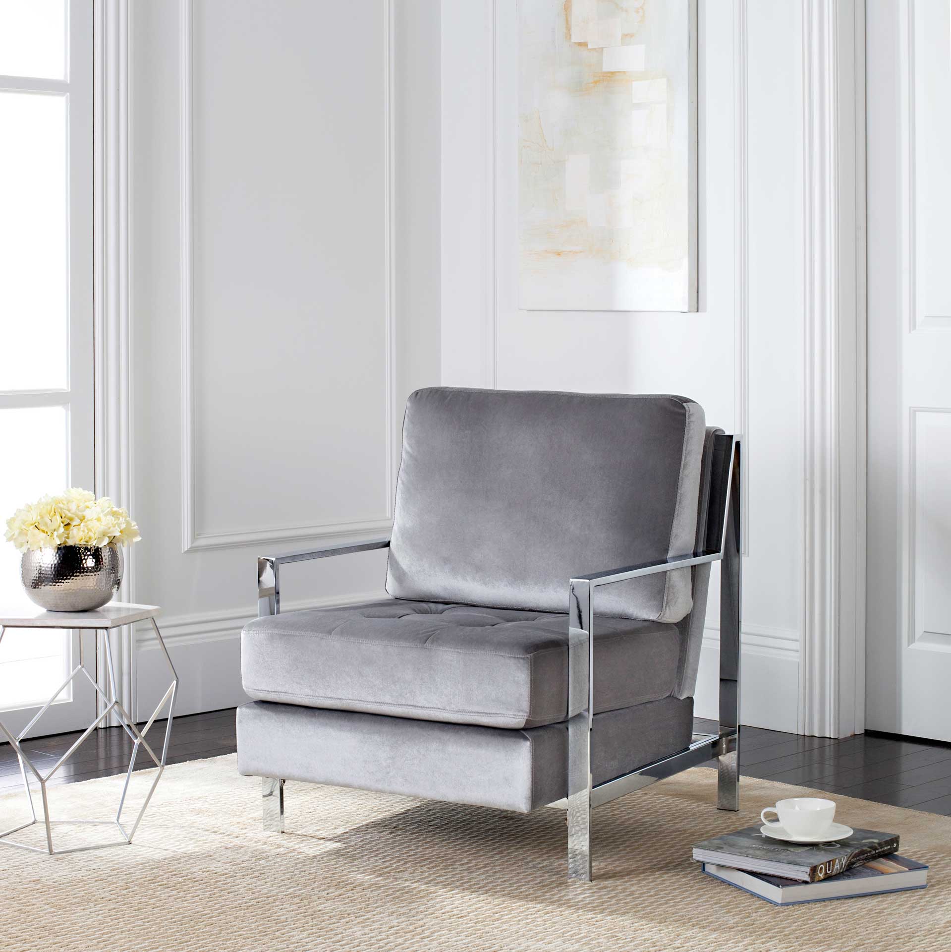 Waffle Velvet Chrome Accent Chair Light Gray - Image 8