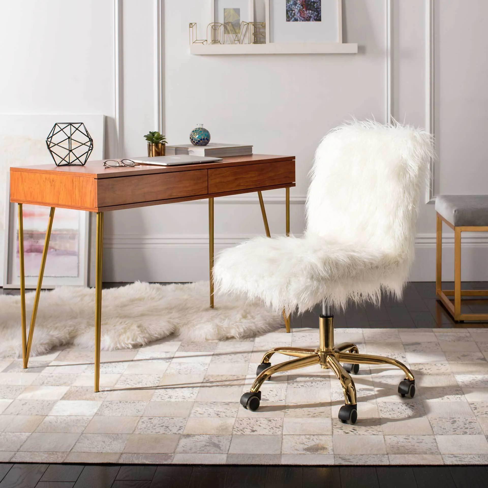 Whalen Faux Sheepskin Gold Leg Swivel Chair - Image 6