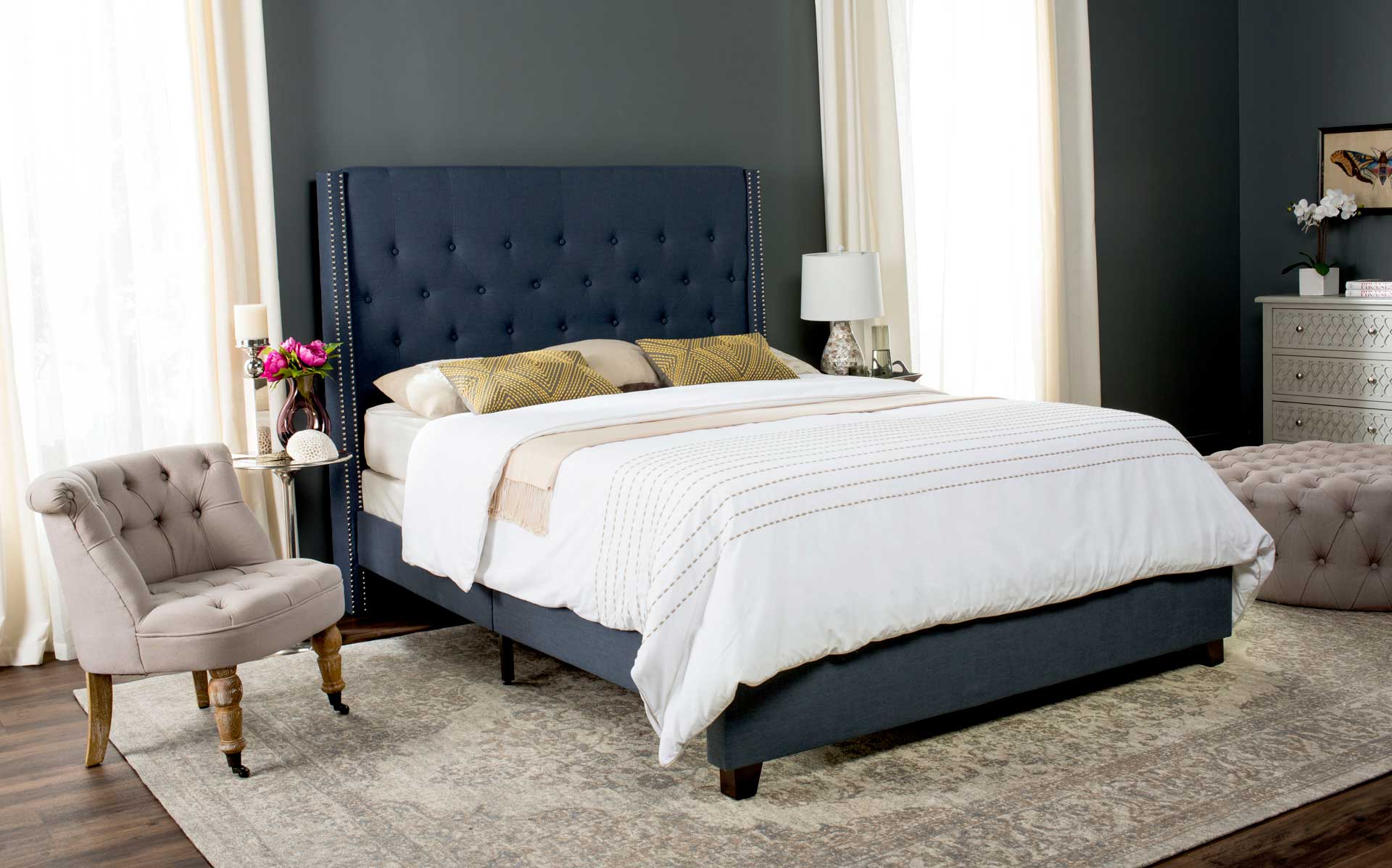 Willa Upholstered Bed Navy - Image 5