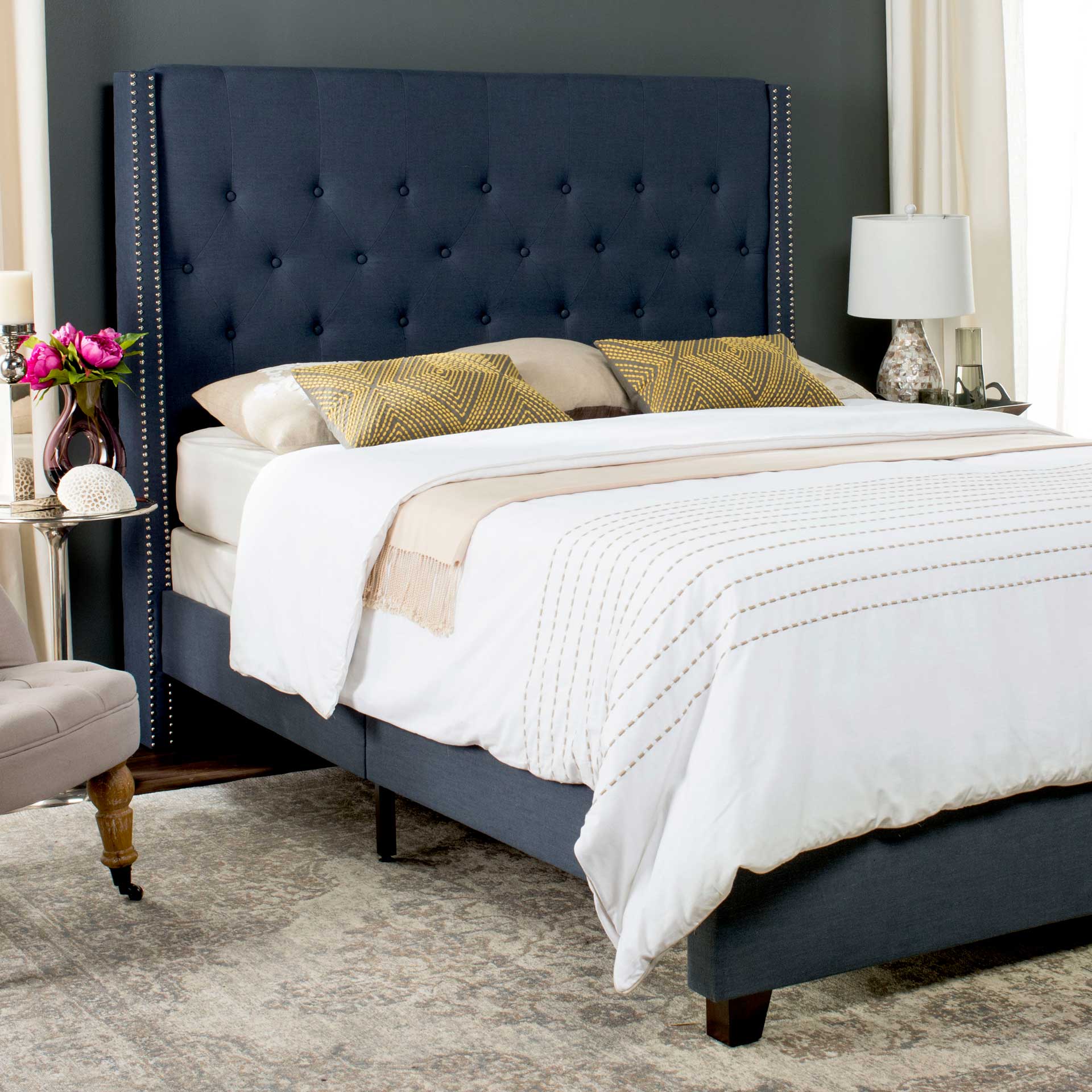 Willa Upholstered Bed Navy - Image 6