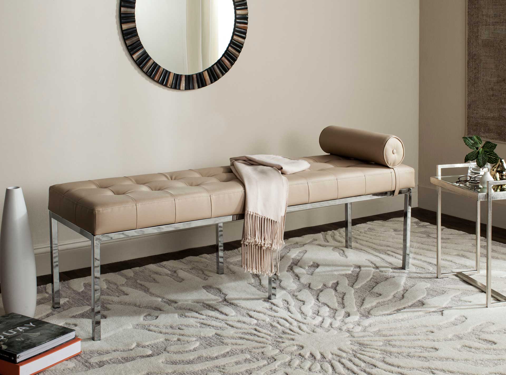 Xander Leather Tufted Bench With Pillow Beige - Image 5
