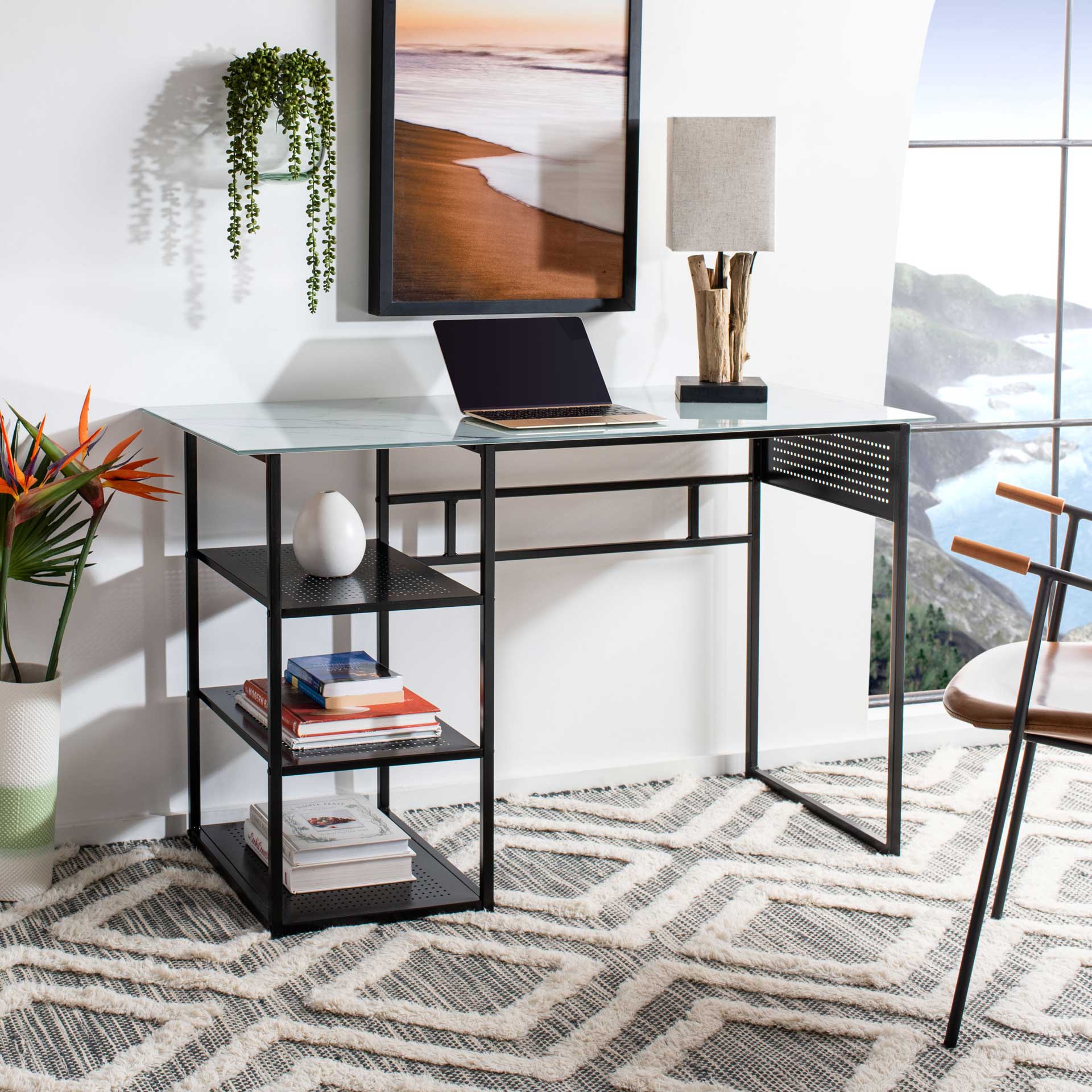 Xylia 3 Shelf Glass Top Desk White/Black - Image 6