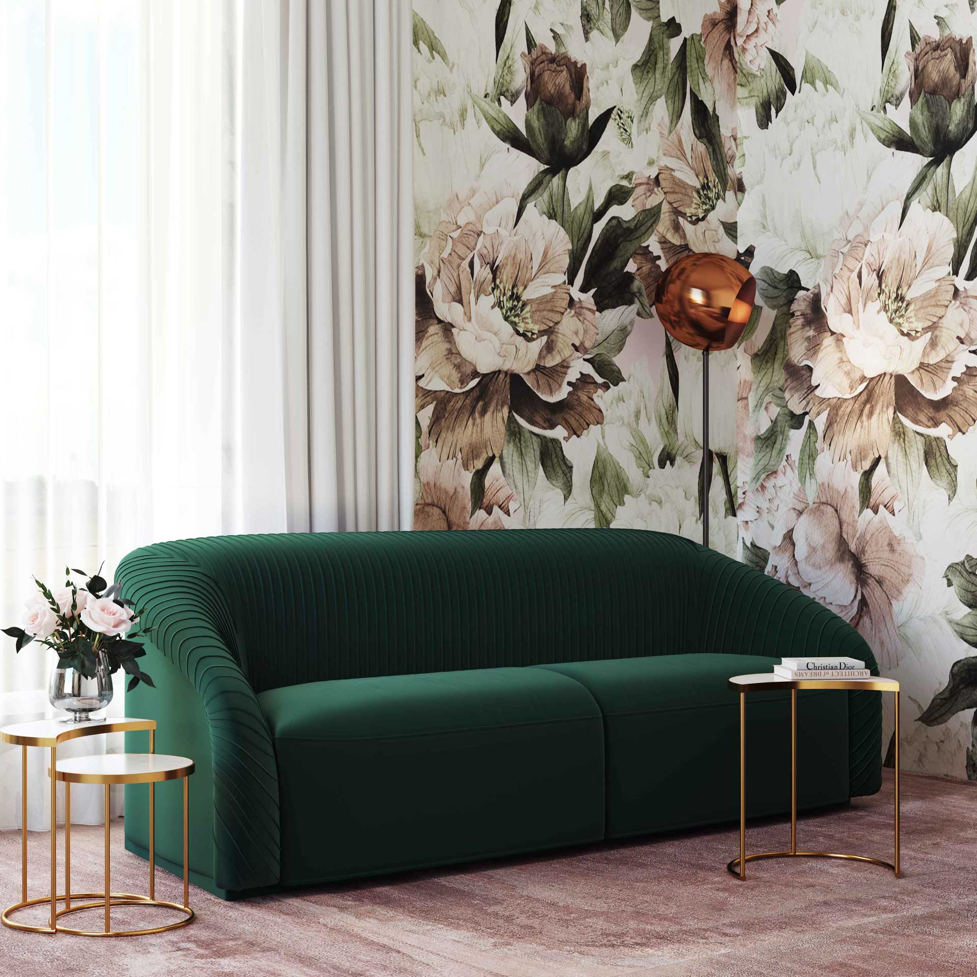Yandel Pleated Velvet Sofa Forest Green - Image 7