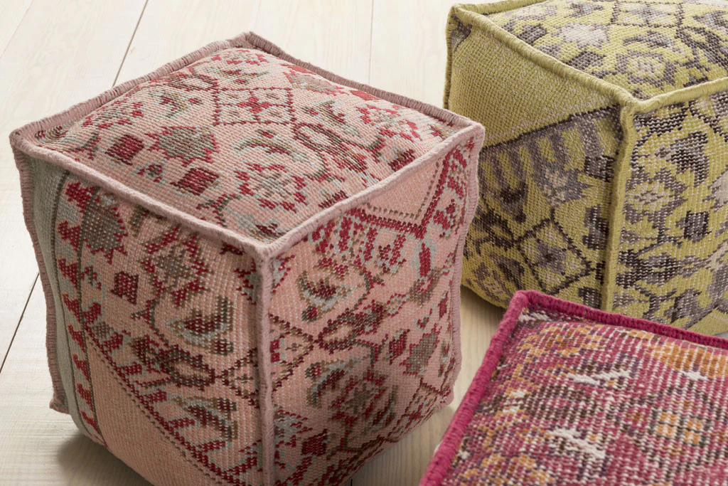 Zahara Ikat Pastel Pink/Burgundy Cube Pouf - Image 2