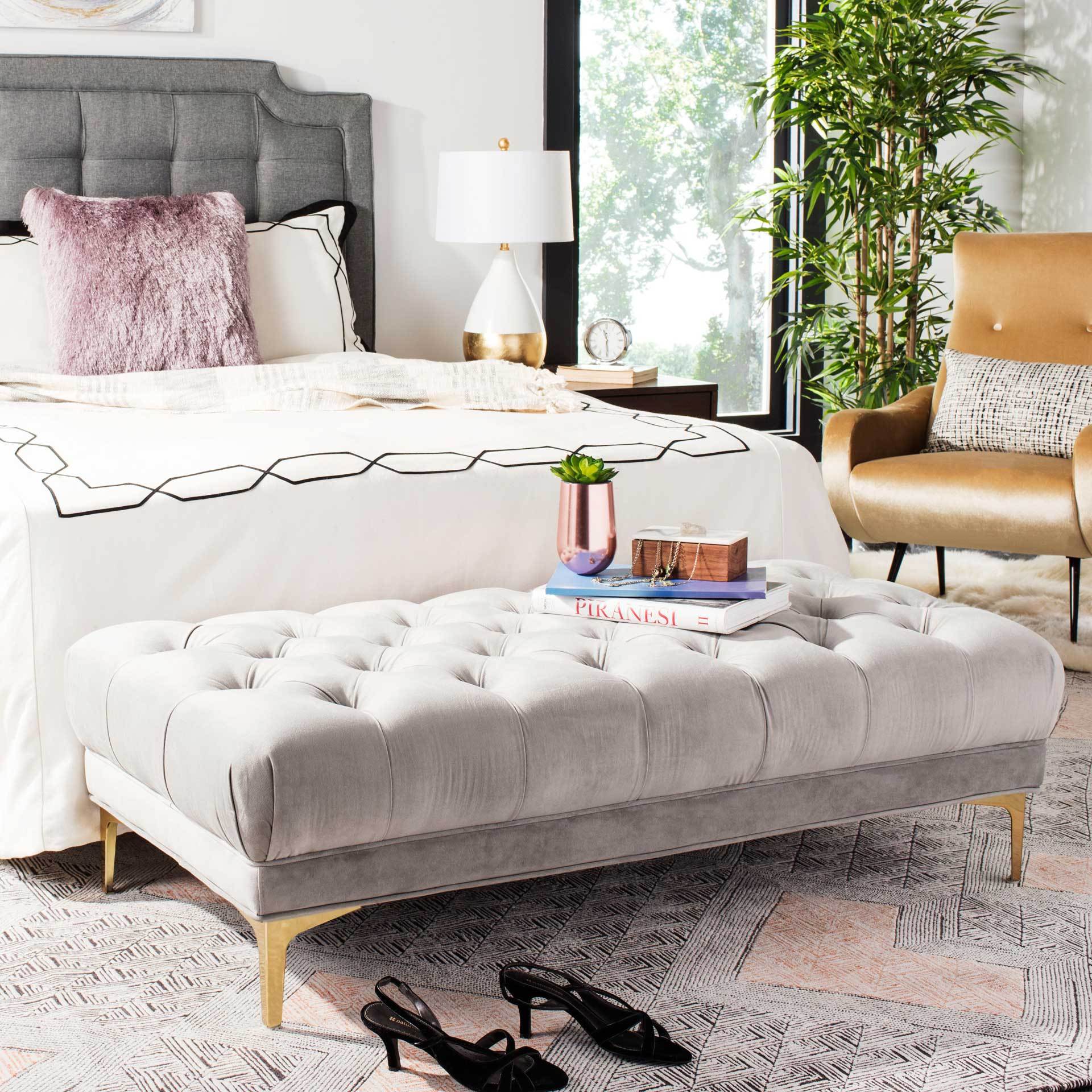 Zane Tufted Rectangular Bench Gray/Brass - Image 5