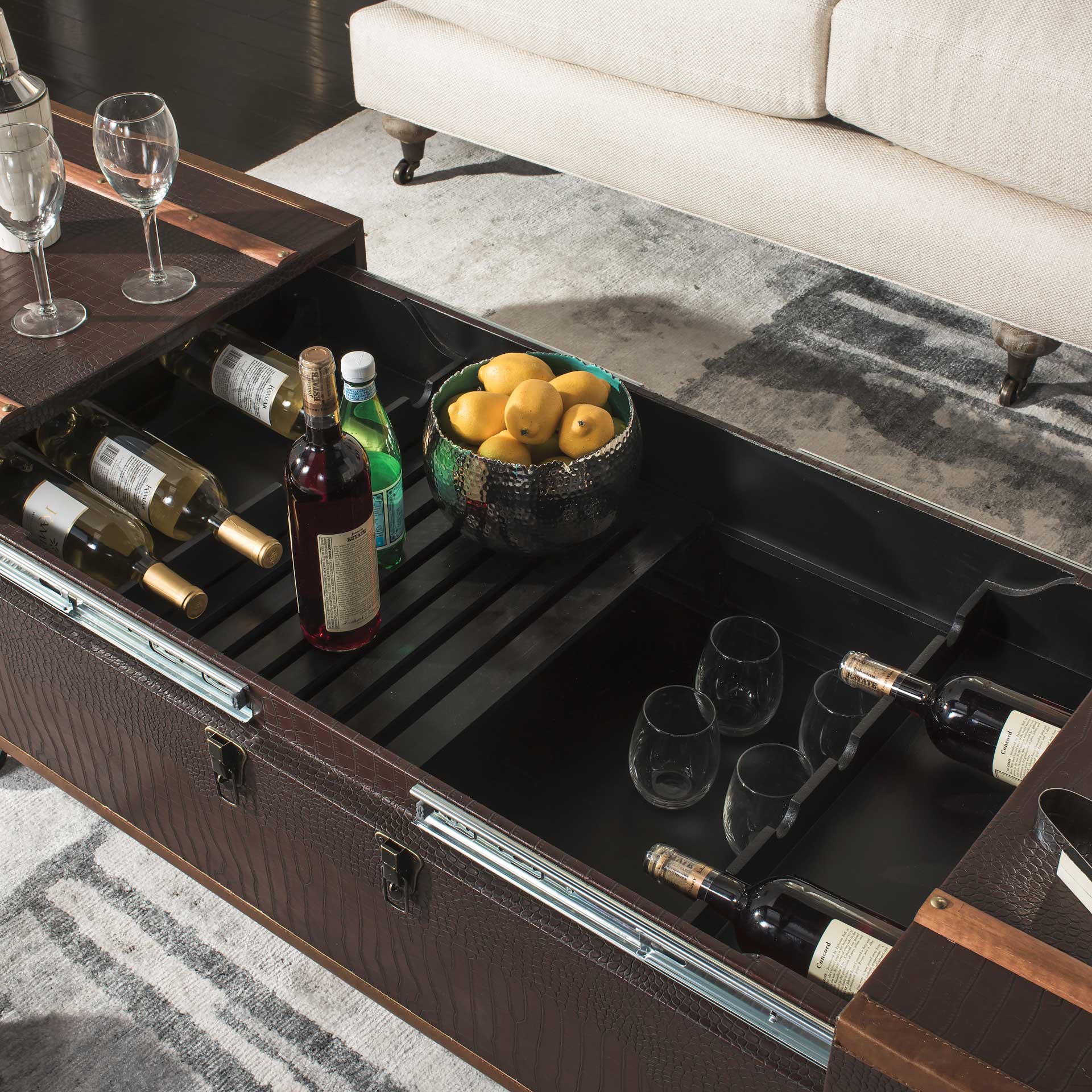 Zoey Coffee Table Storage Trunk With Wine Rack Brown - Image 10