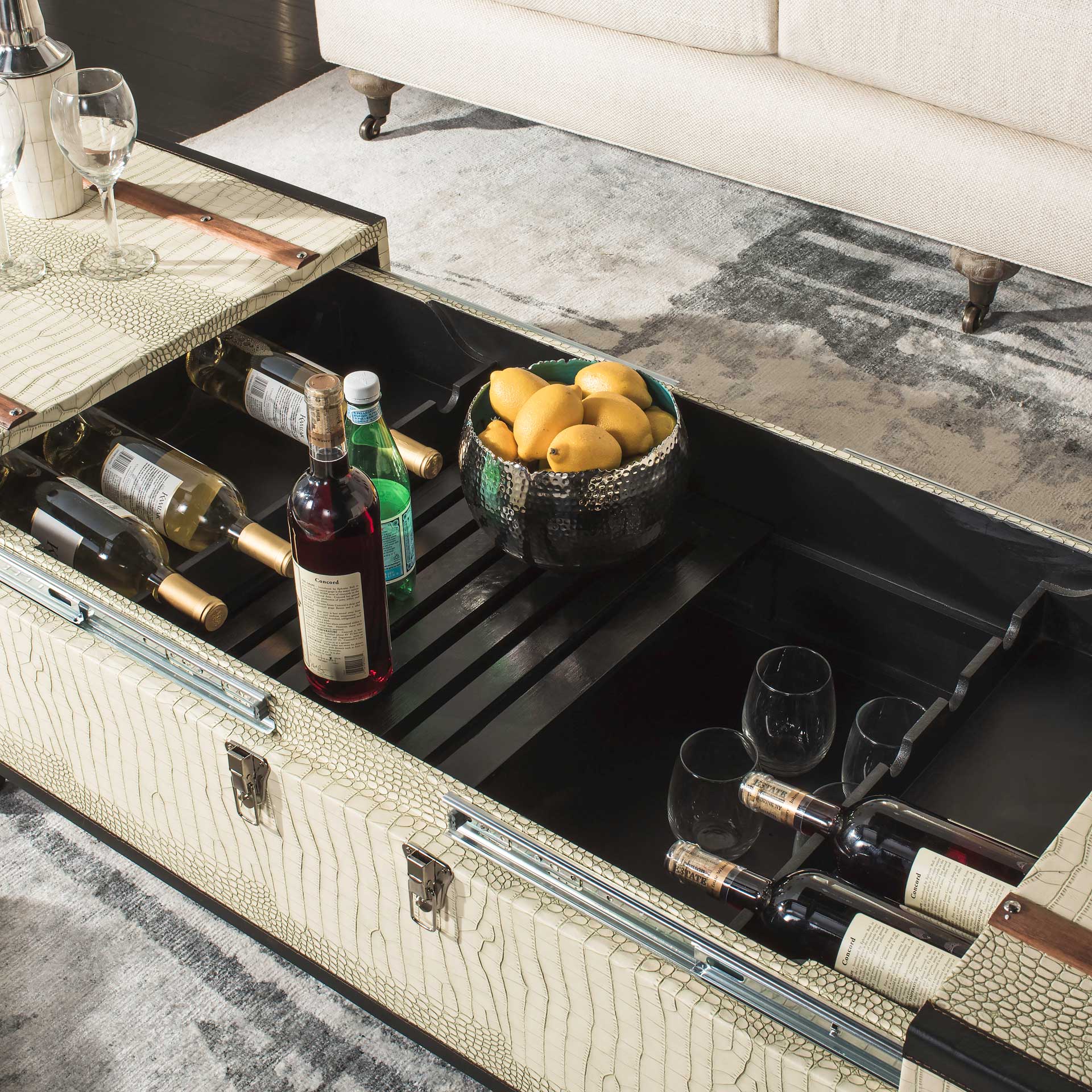 Zoey Coffee Table Storage Trunk With Wine Rack Cream - Image 10