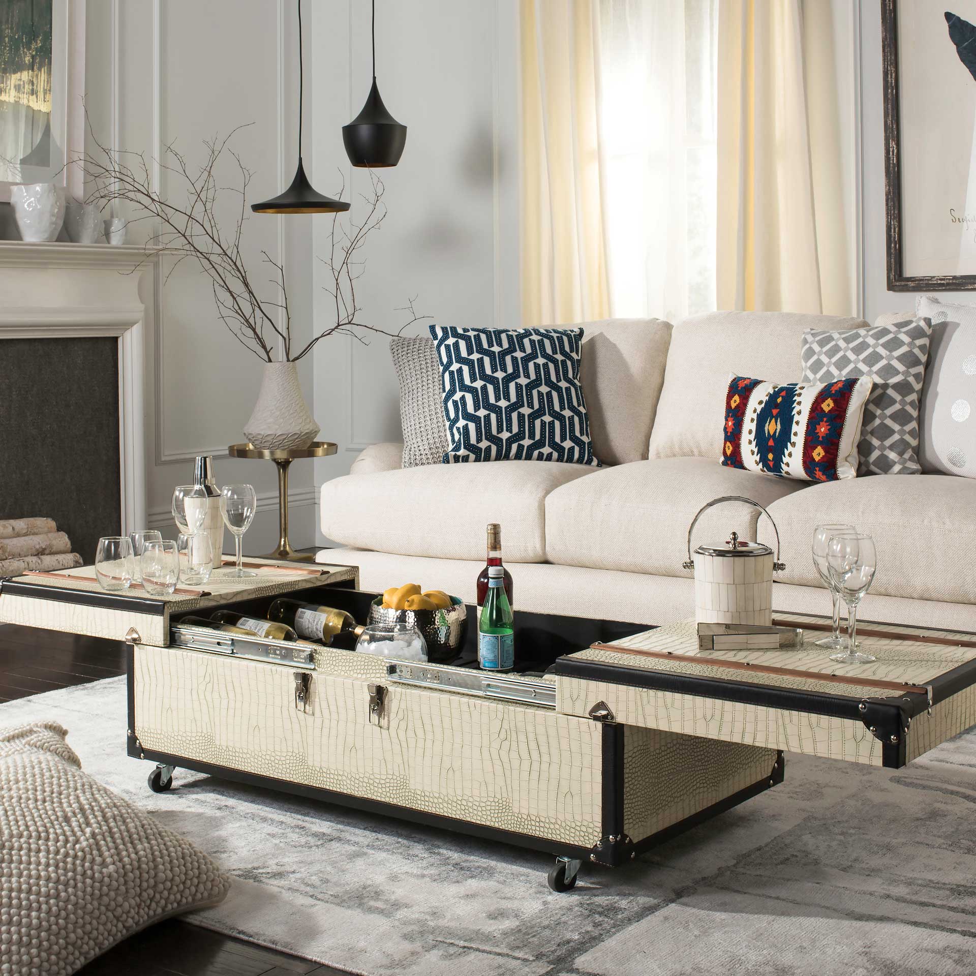 Zoey Coffee Table Storage Trunk With Wine Rack Cream - Image 9